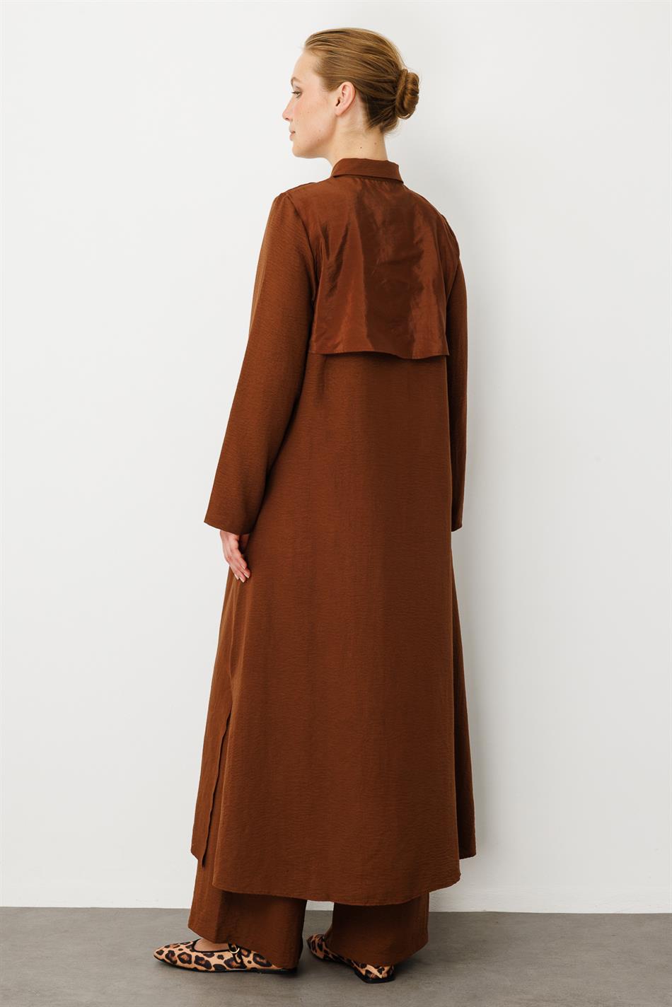 NOUVO SET İpekçe Doku Kap/Elbise - Pantalon Takım-Kahve