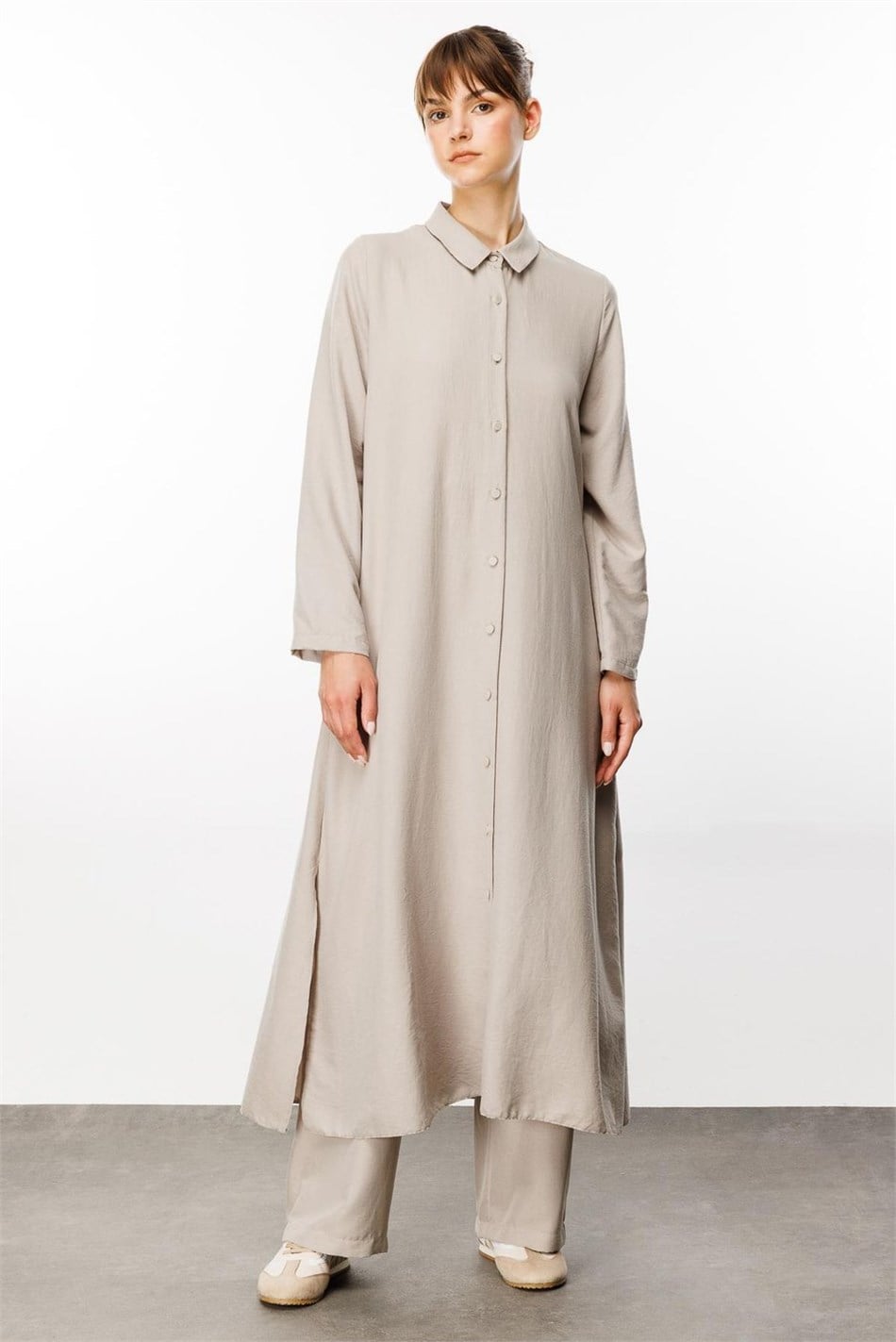 NOUVO DƏSTİ İpək Teksturalı Palto/Dress - Şalvar Dəsti - Daş