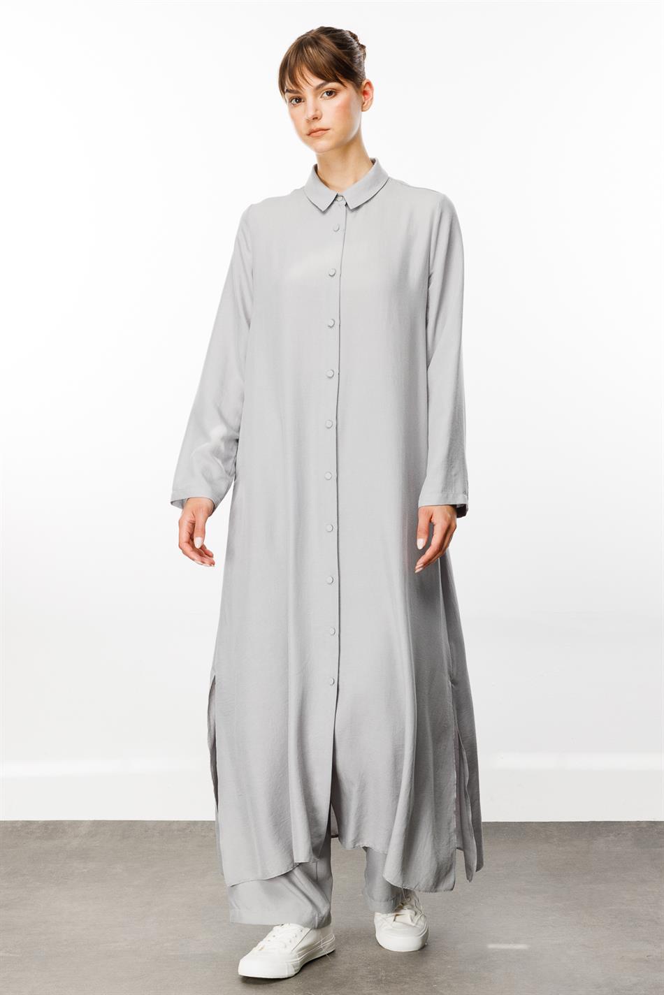 NOUVO SET Zijden textuur jas/jurk - broek set - Grijs