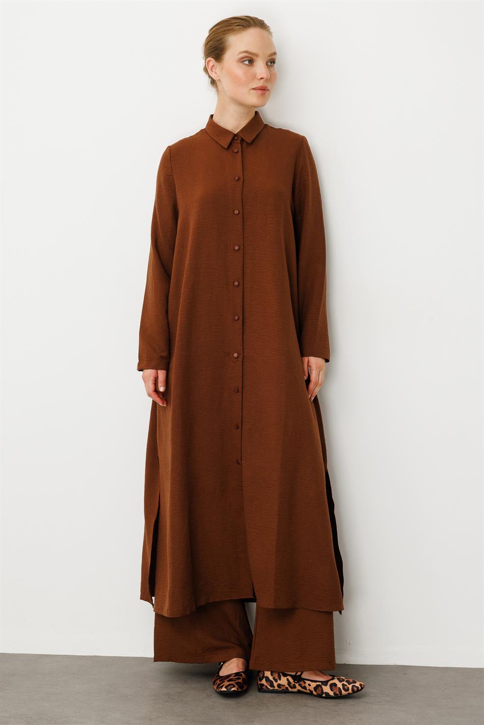 NOUVO SET İpekçe Doku Kap/Elbise - Pantalon Takım-Kahve