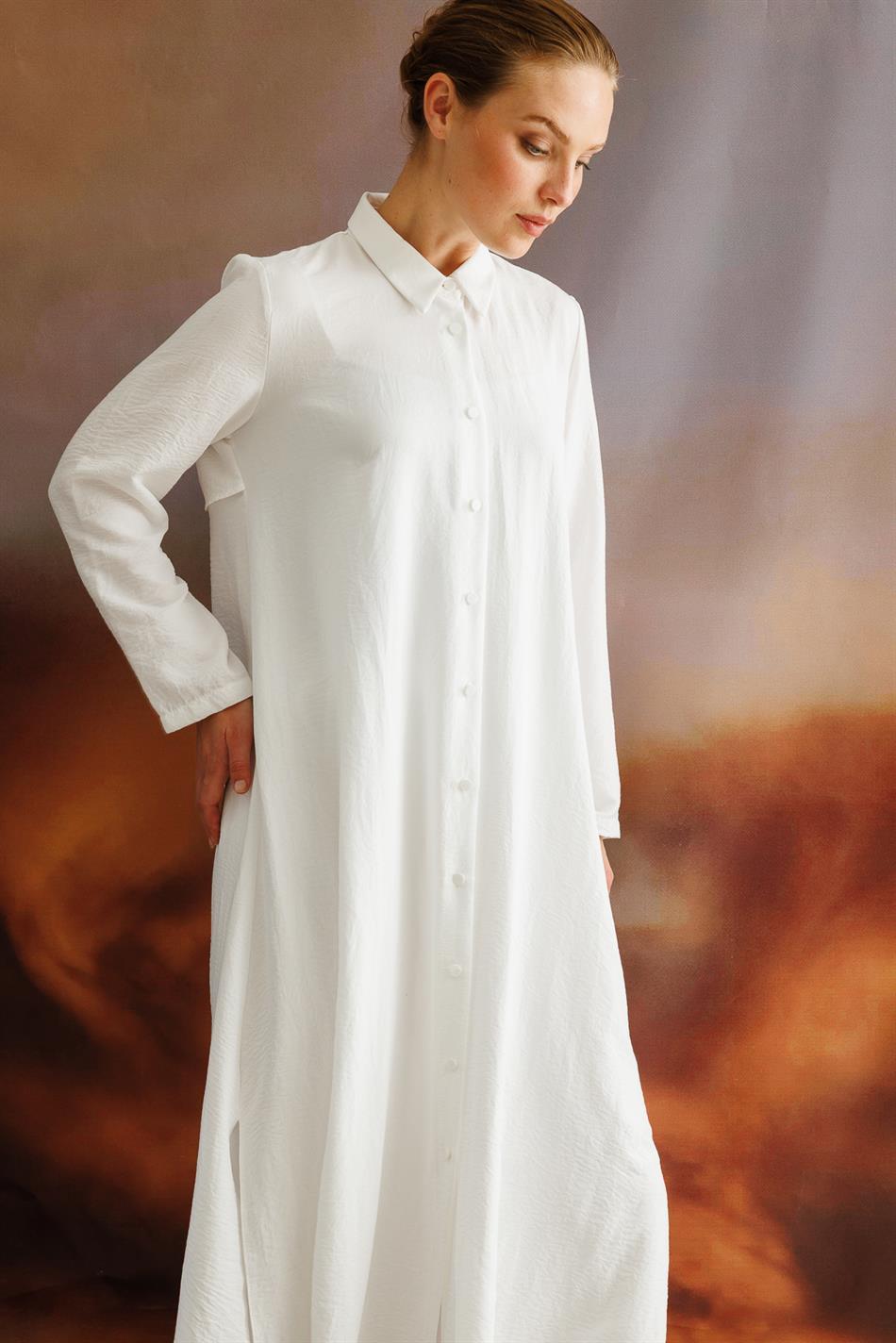 NOUVO SET İpekçe Doku Kap/Elbise - Pantalon Takım-Beyaz