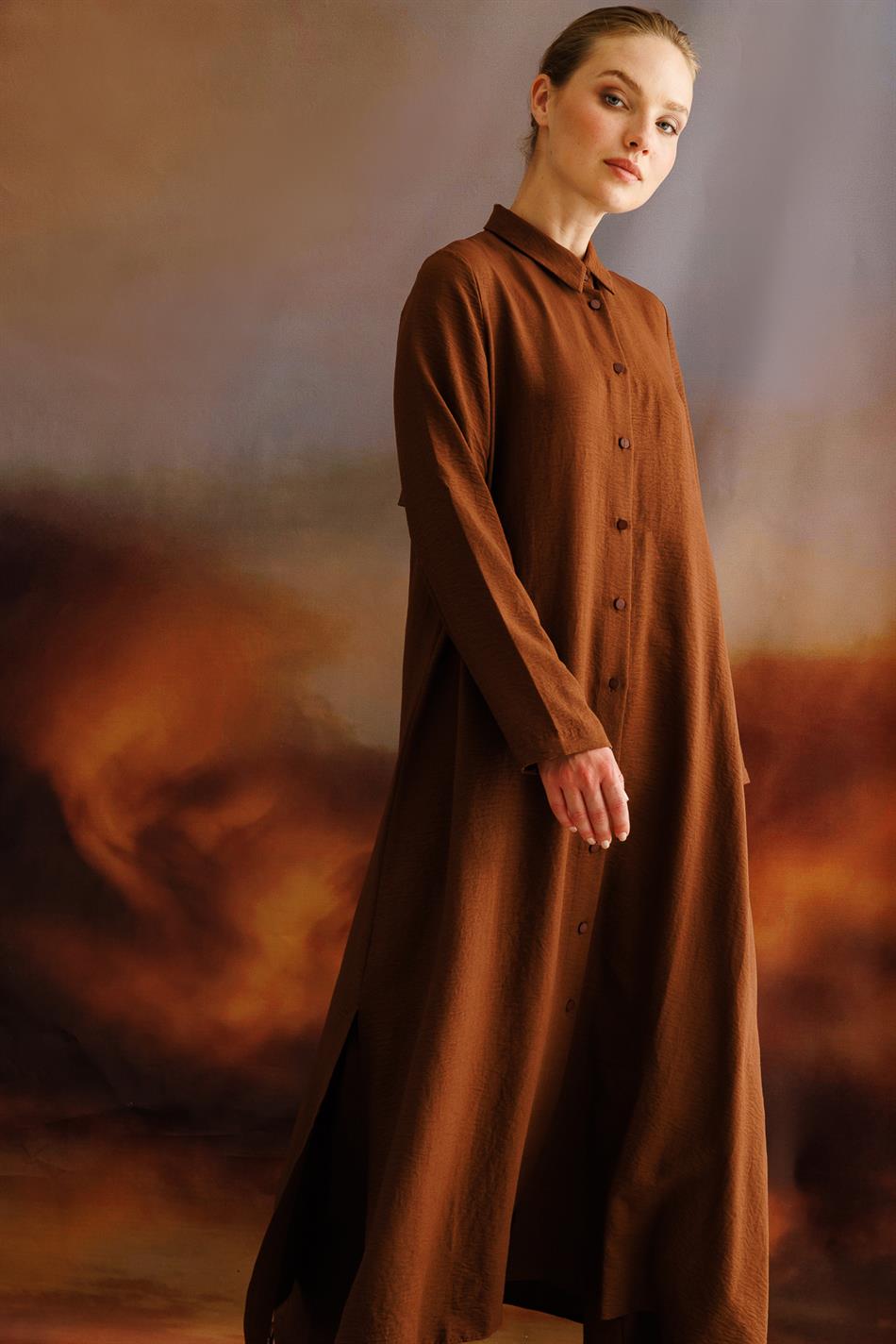 NOUVO SET İpekçe Doku Kap/Elbise - Pantalon Takım-Kahve