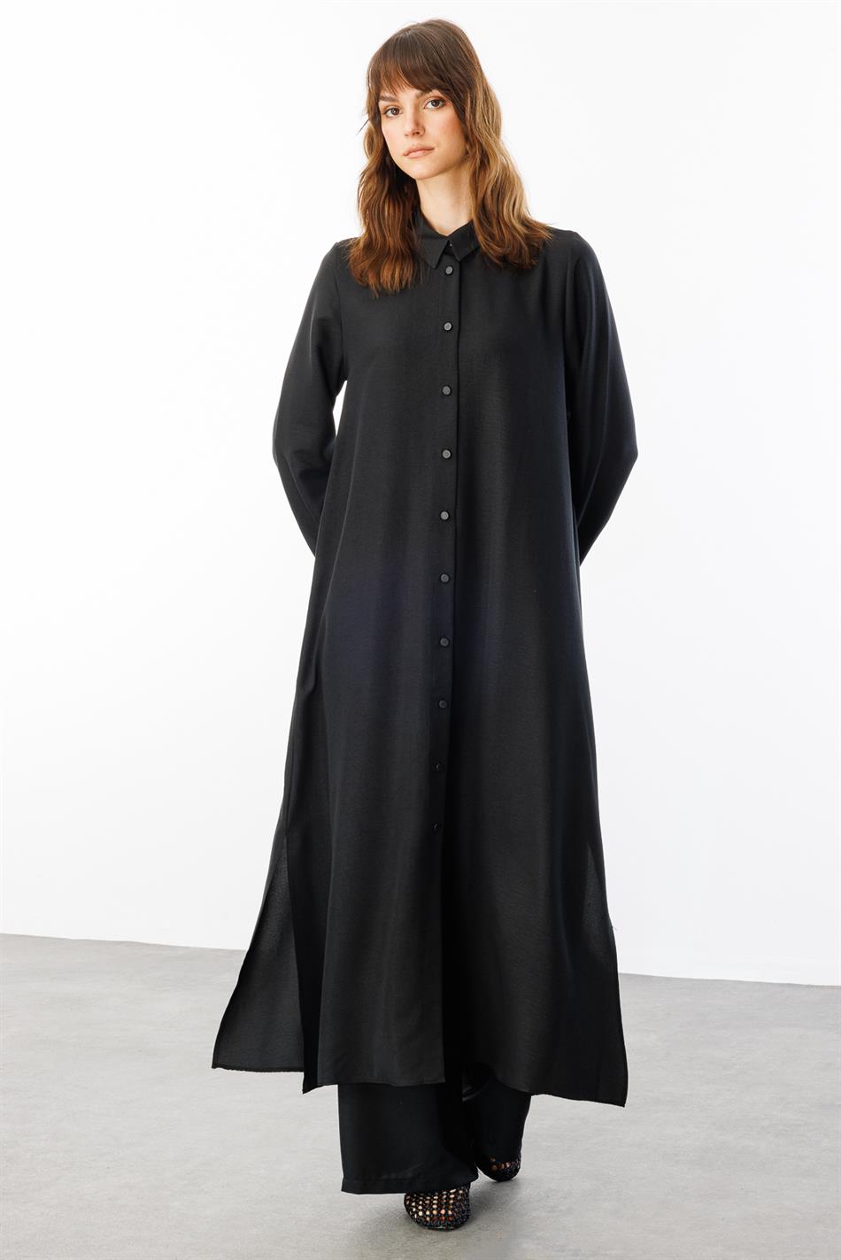 NOUVO SET İpekçe Doku Kap/Elbise - Pantalon Takım-Siyah