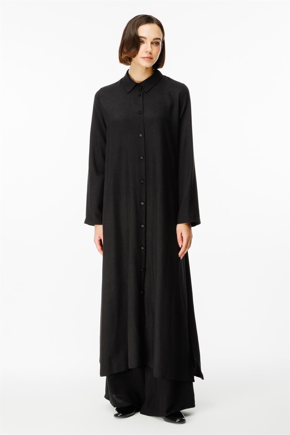 NOUVO SET Zijden textuur jas/jurk - broek set - zwart