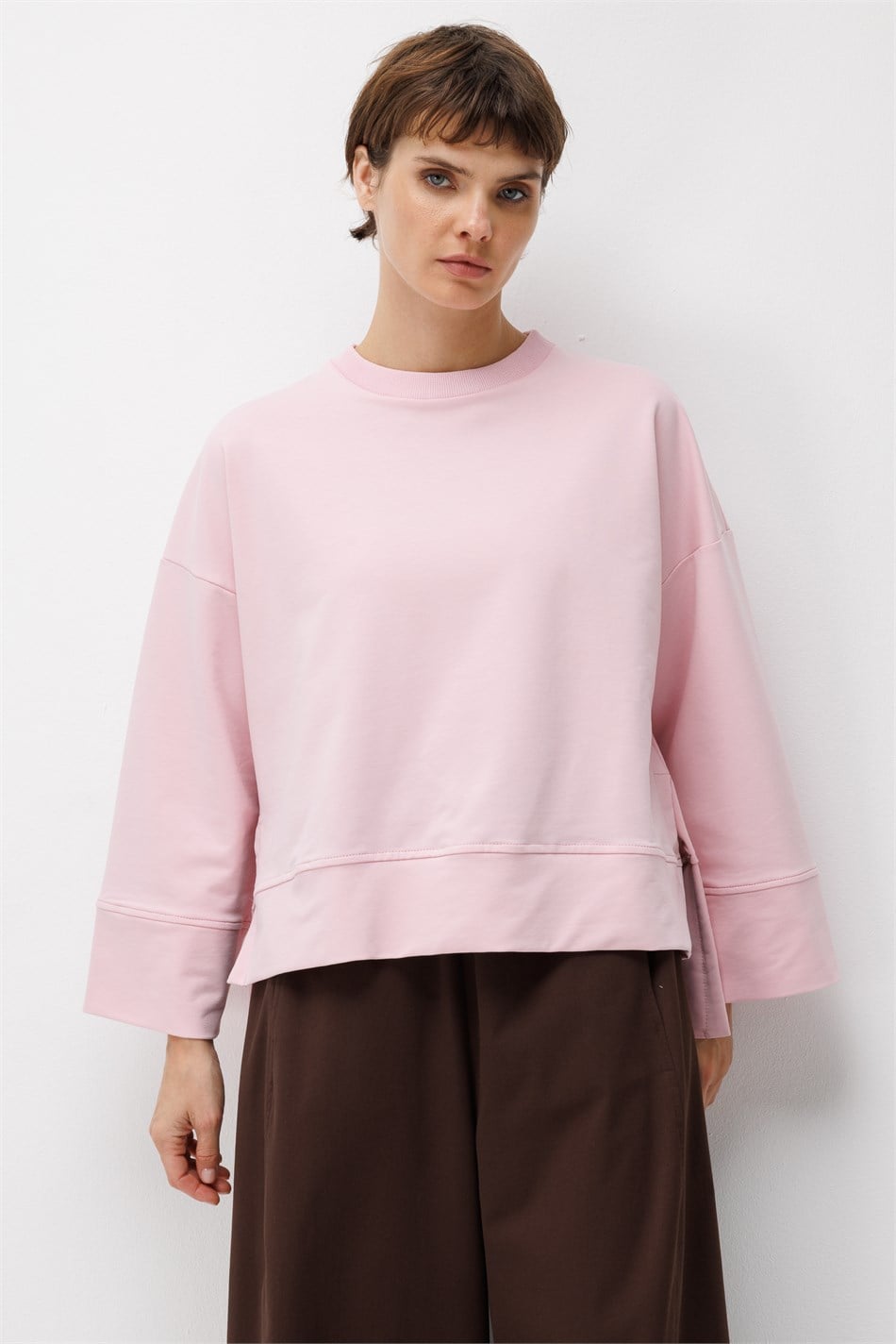 Örme Asimetrik Kesim Düşük Omuz Sweat Tunik-Pembe