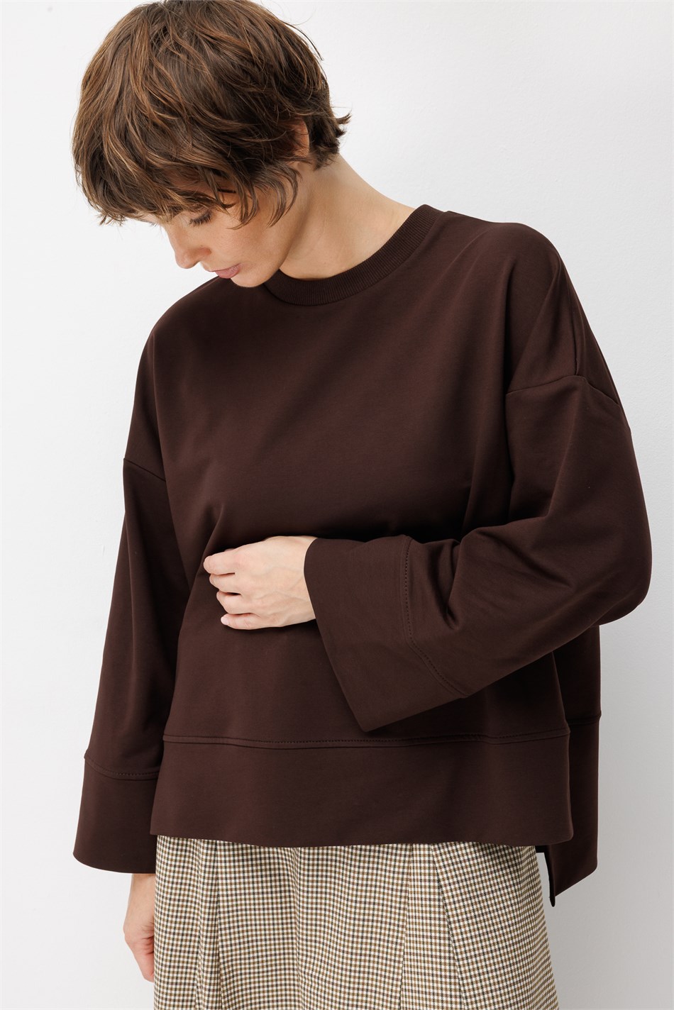 Örme Asimetrik Kesim Düşük Omuz Sweat Tunik-Kahve