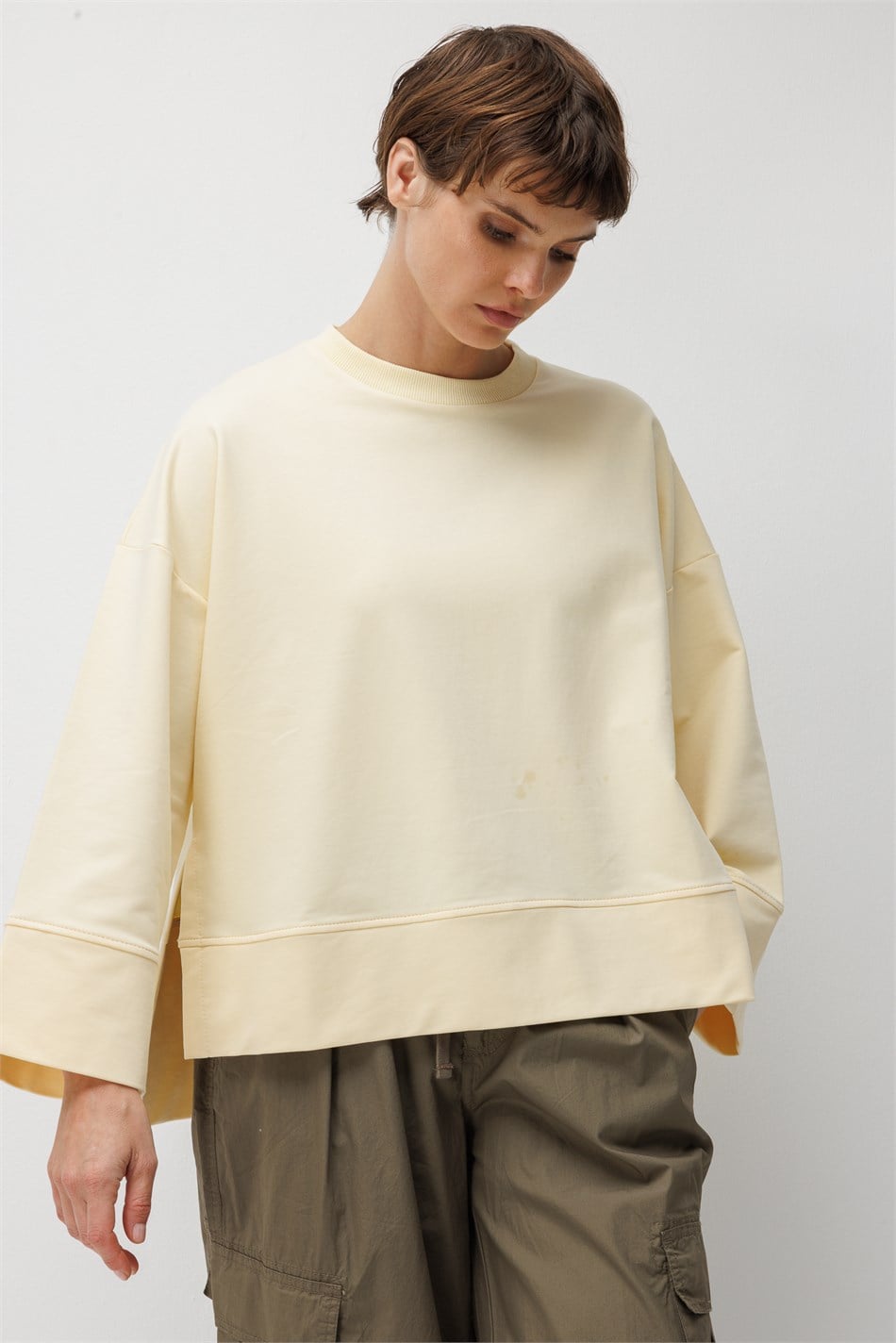 Örme Asimetrik Kesim Düşük Omuz Sweat Tunik-Sarı