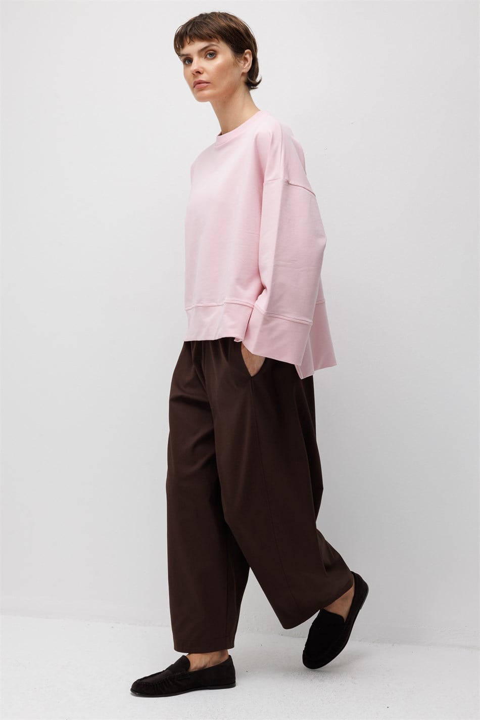 Örme Asimetrik Kesim Düşük Omuz Sweat Tunik-Pembe