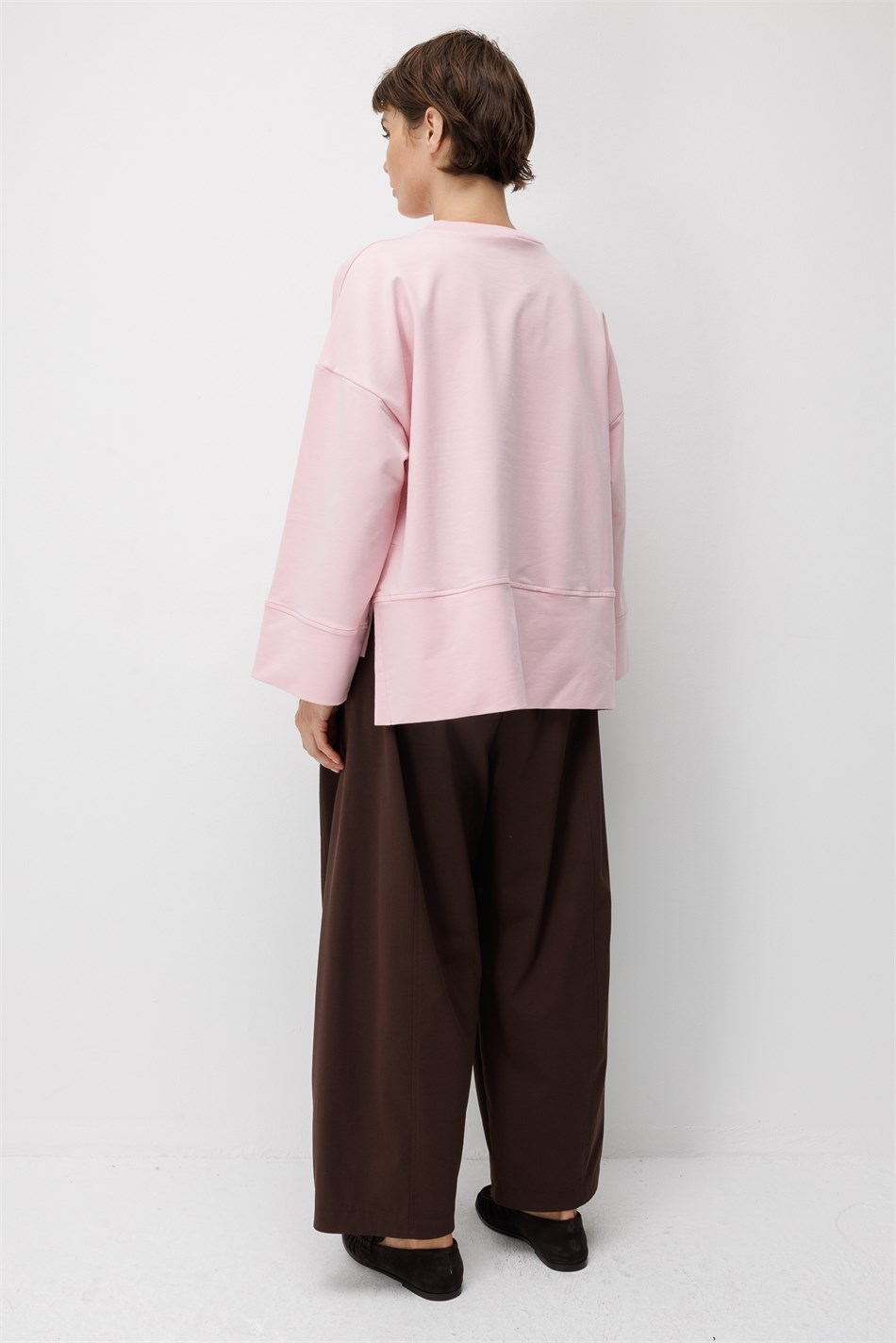 Örme Asimetrik Kesim Düşük Omuz Sweat Tunik-Pembe