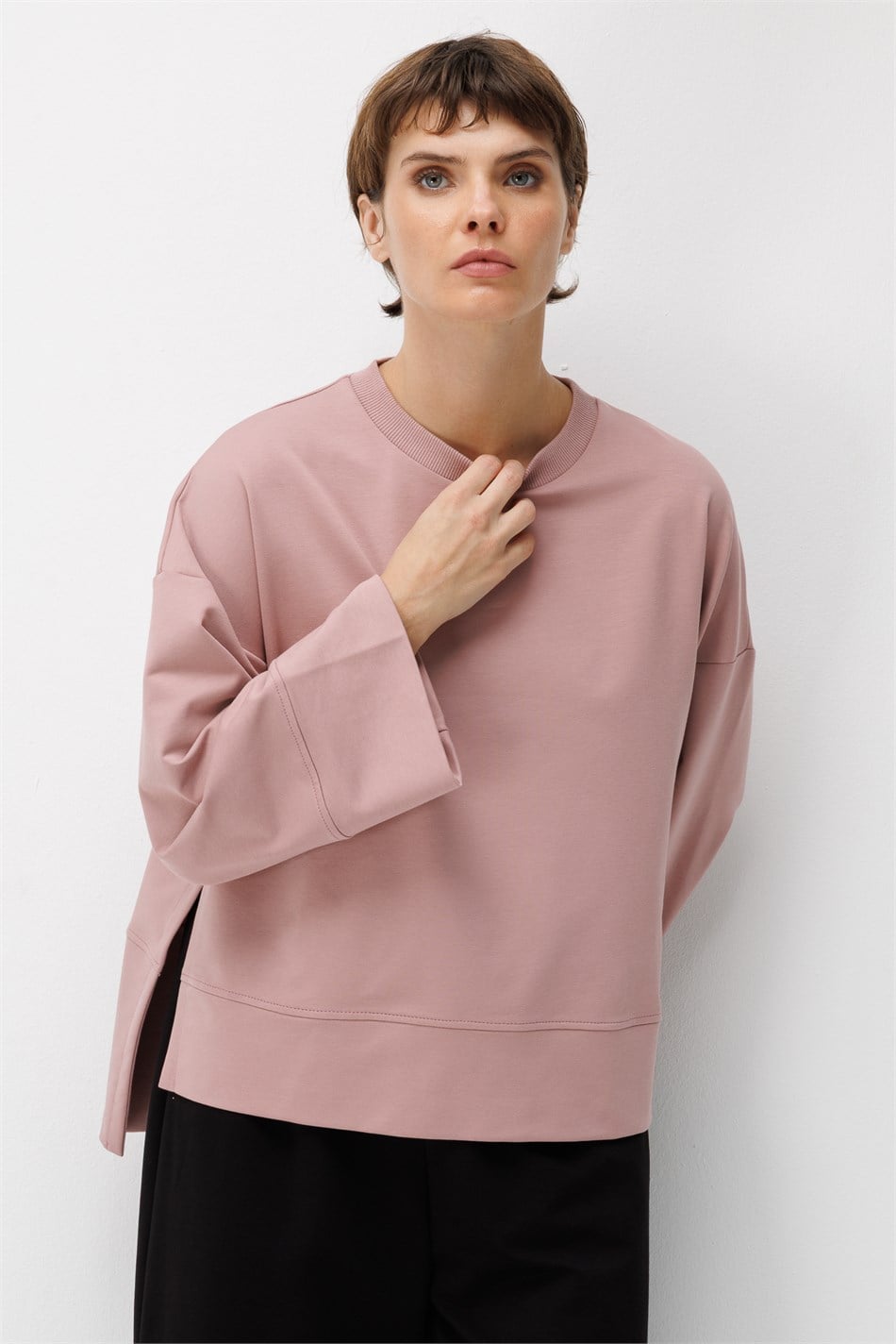 Örme Asimetrik Kesim Düşük Omuz Sweat Tunik-Gül