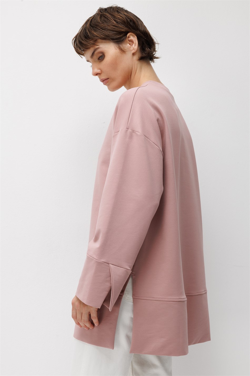 Örme Kol ve Yırtmaç Detaylı Tunik Sweatshirt-Gül