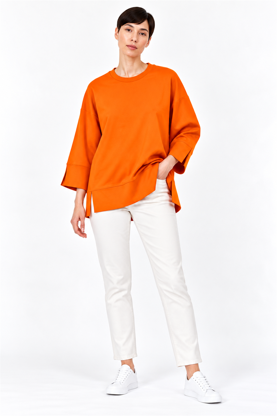 Örme Kol ve Yırtmaç Detaylı Tunik Sweatshirt-Oranj