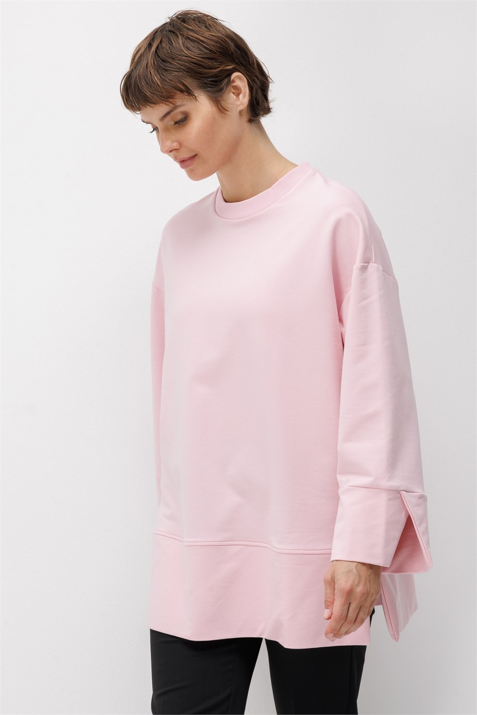 Örme Kol ve Yırtmaç Detaylı Tunik Sweatshirt-Pembe