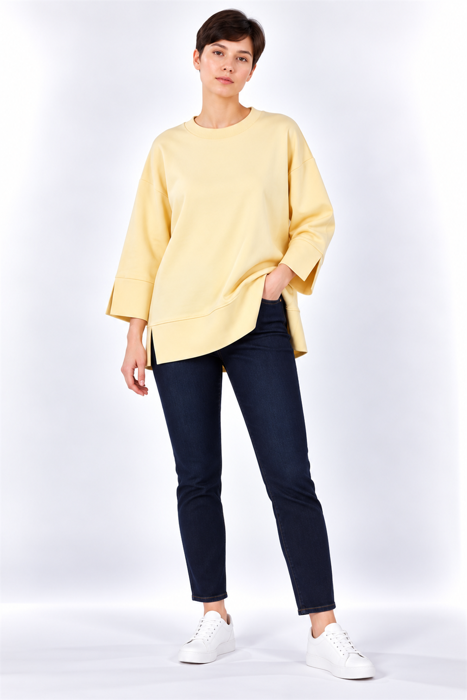 Örme Kol ve Yırtmaç Detaylı Tunik Sweatshirt-Sarı