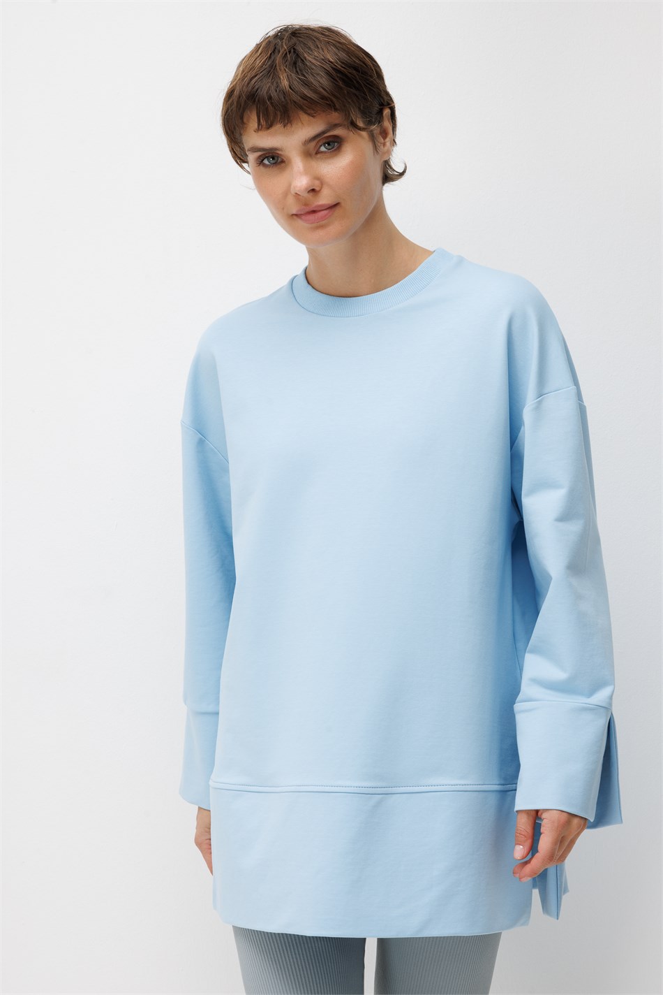 Örme Kol ve Yırtmaç Detaylı Tunik Sweatshirt-Mavi