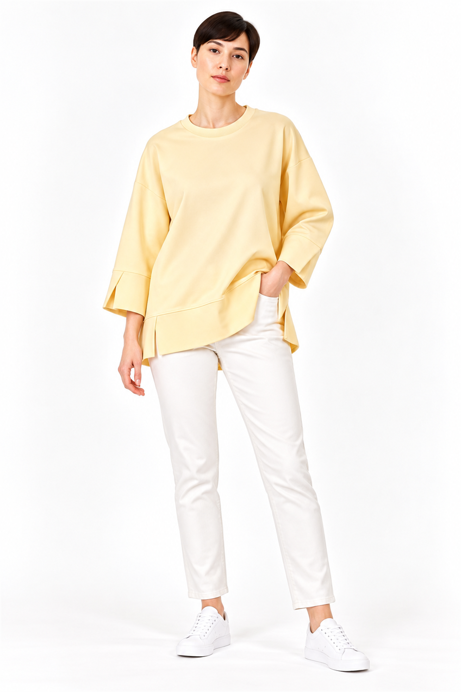 Örme Kol ve Yırtmaç Detaylı Tunik Sweatshirt-Sarı
