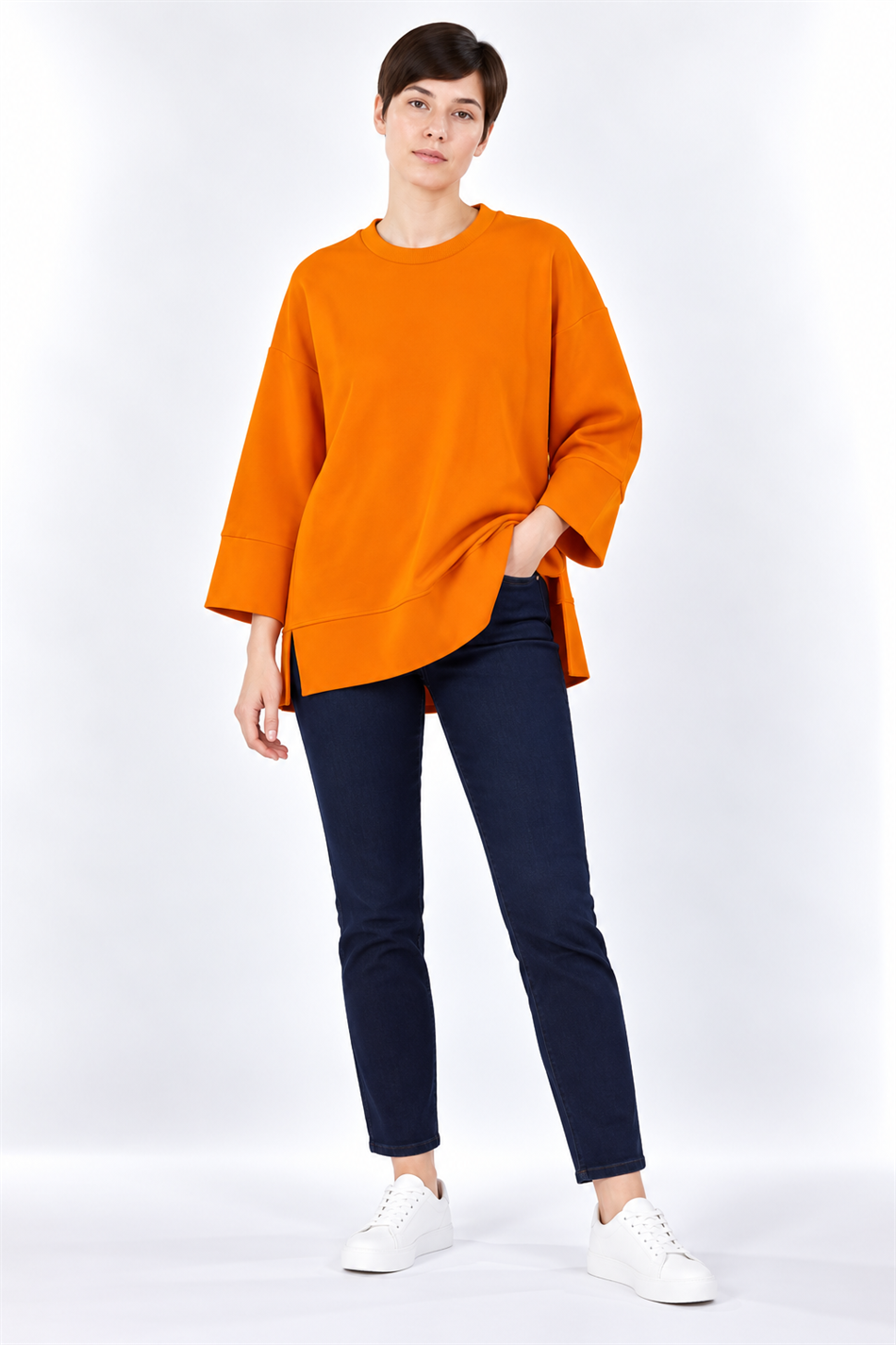 Örme Kol ve Yırtmaç Detaylı Tunik Sweatshirt-Oranj