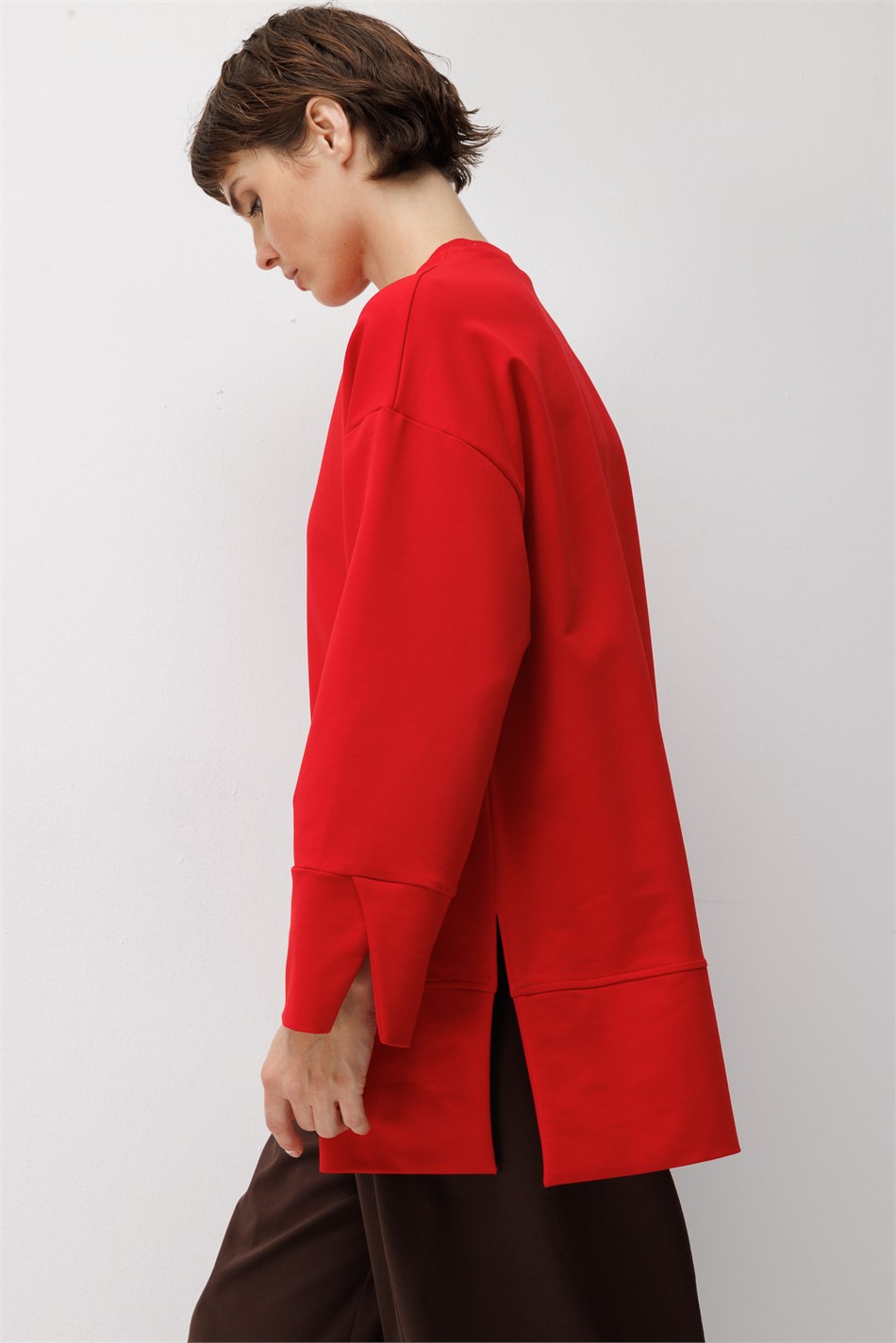 Örme Kol ve Yırtmaç Detaylı Tunik Sweatshirt-Kırmızı