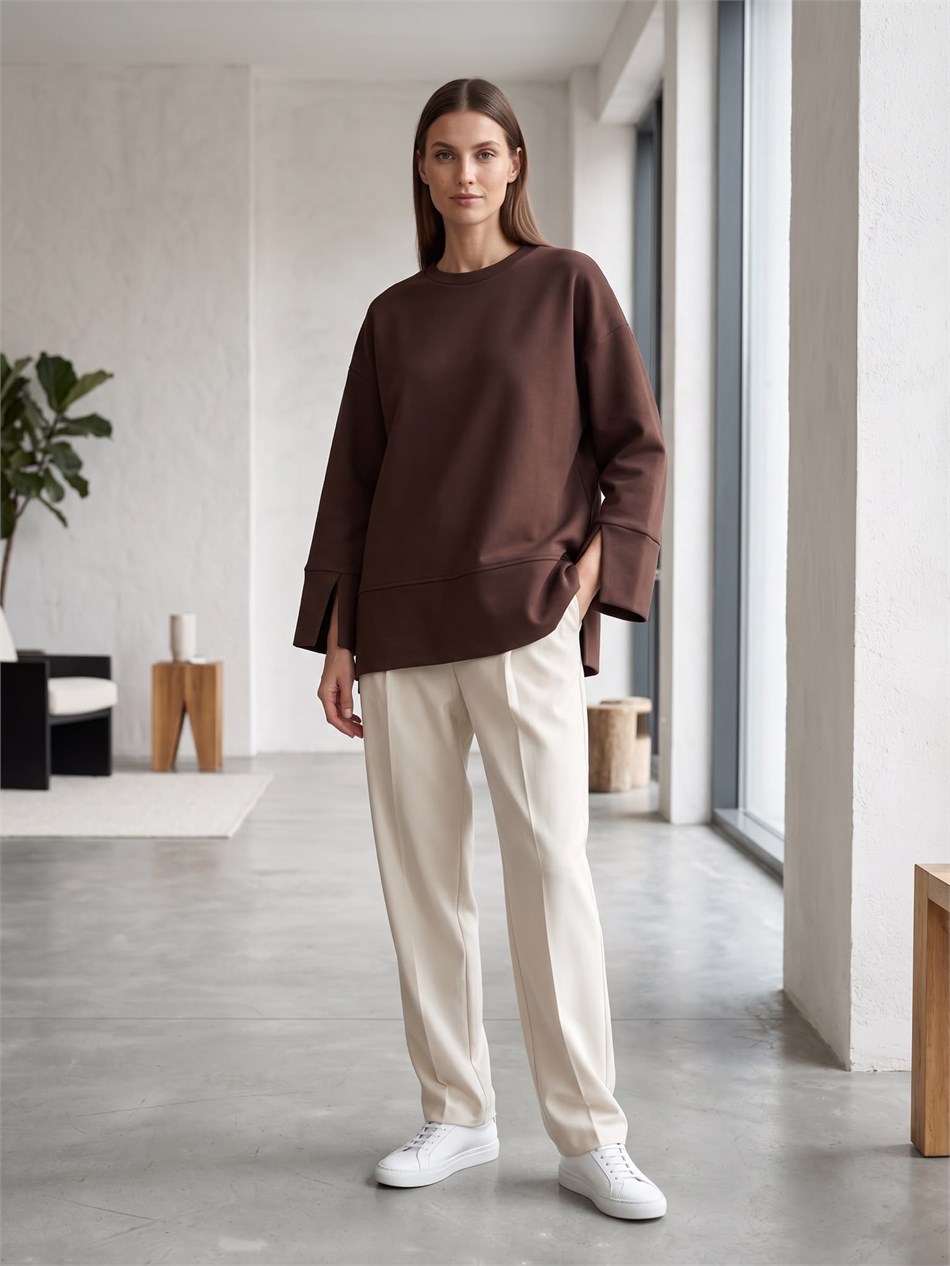 Örme Kol ve Yırtmaç Detaylı Tunik Sweatshirt-Kahve