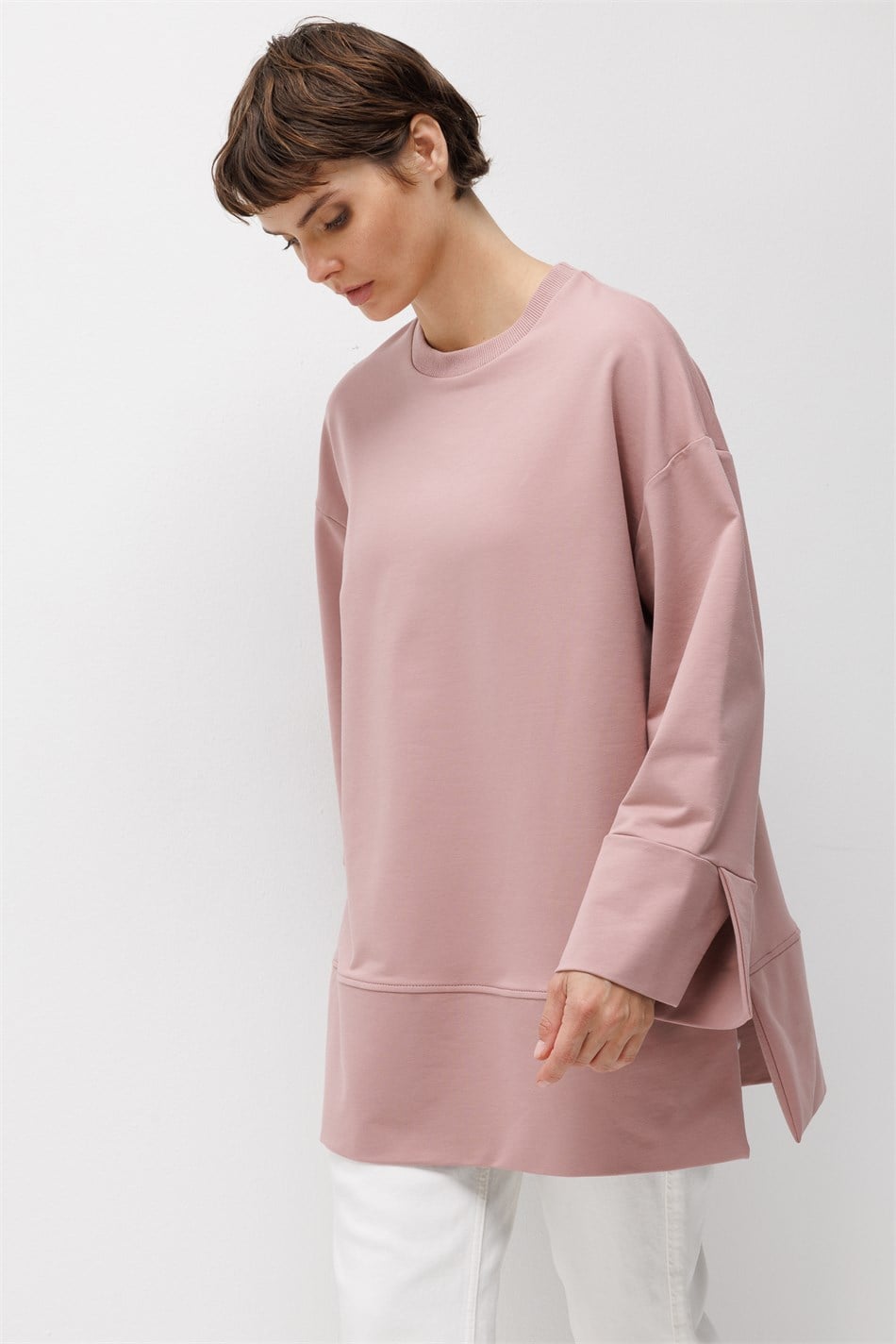 Örme Kol ve Yırtmaç Detaylı Tunik Sweatshirt-Gül