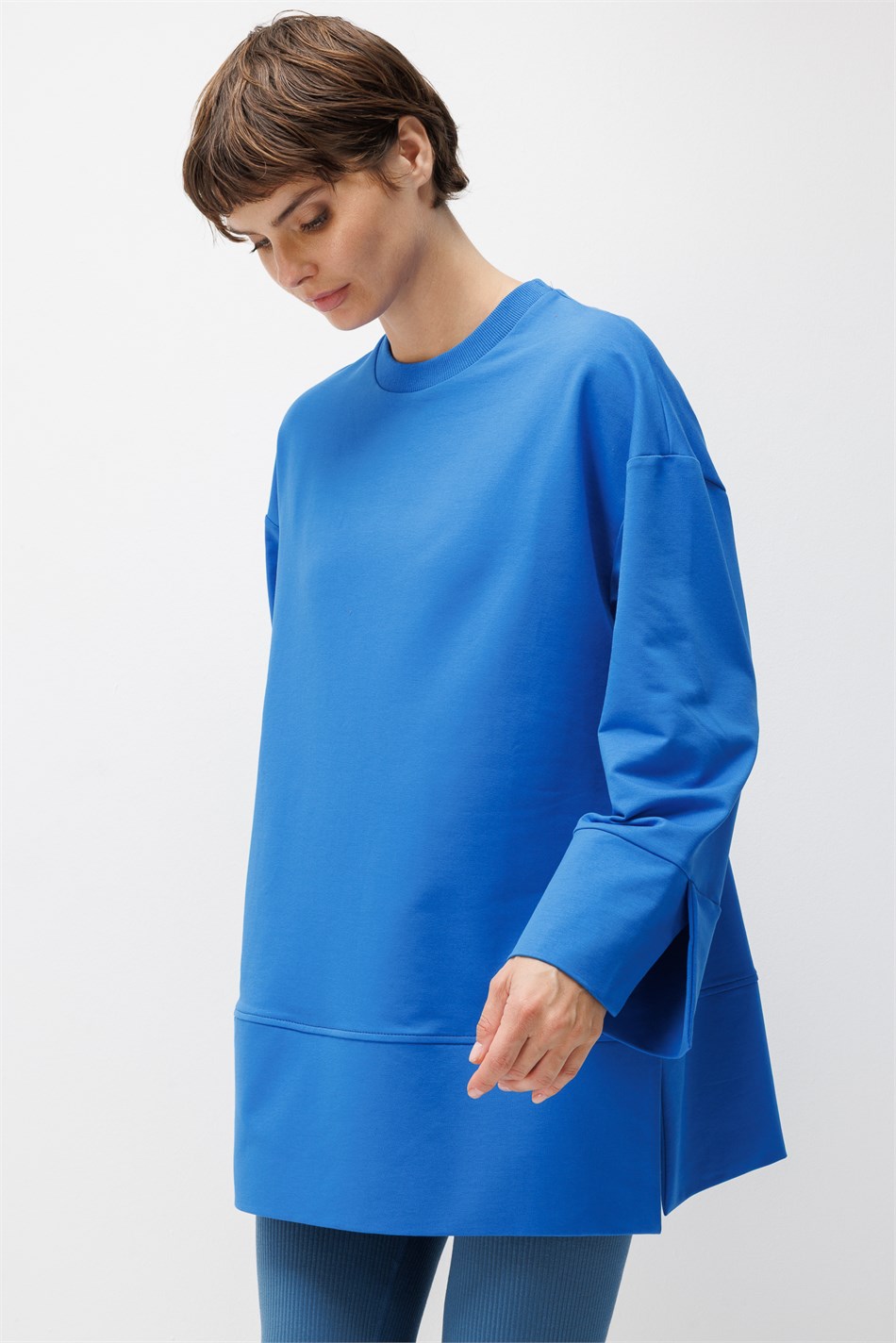 Örme Kol ve Yırtmaç Detaylı Tunik Sweatshirt-Sax