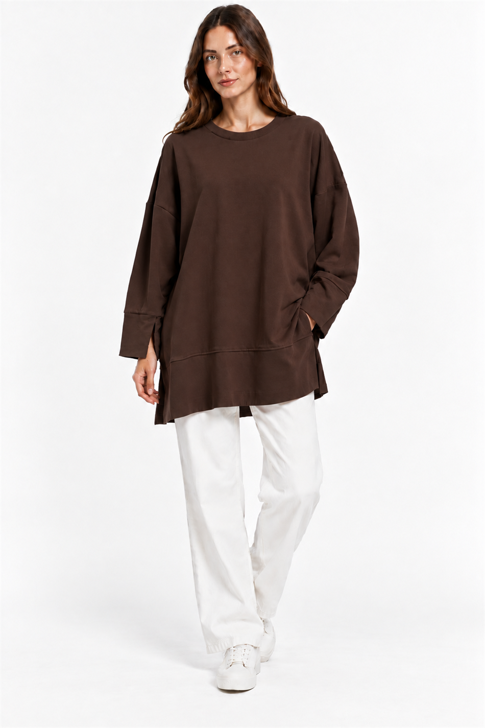 Örme Kol ve Yırtmaç Detaylı Tunik Sweatshirt-Kahve