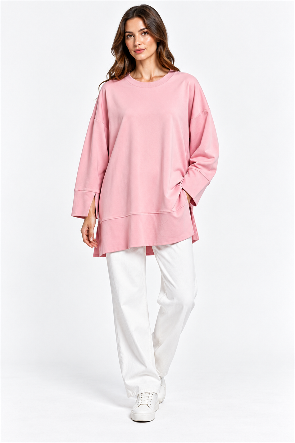 Örme Kol ve Yırtmaç Detaylı Tunik Sweatshirt-Pembe