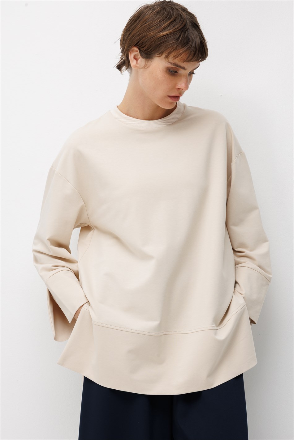 Örme Kol ve Yırtmaç Detaylı Tunik Sweatshirt-Taş