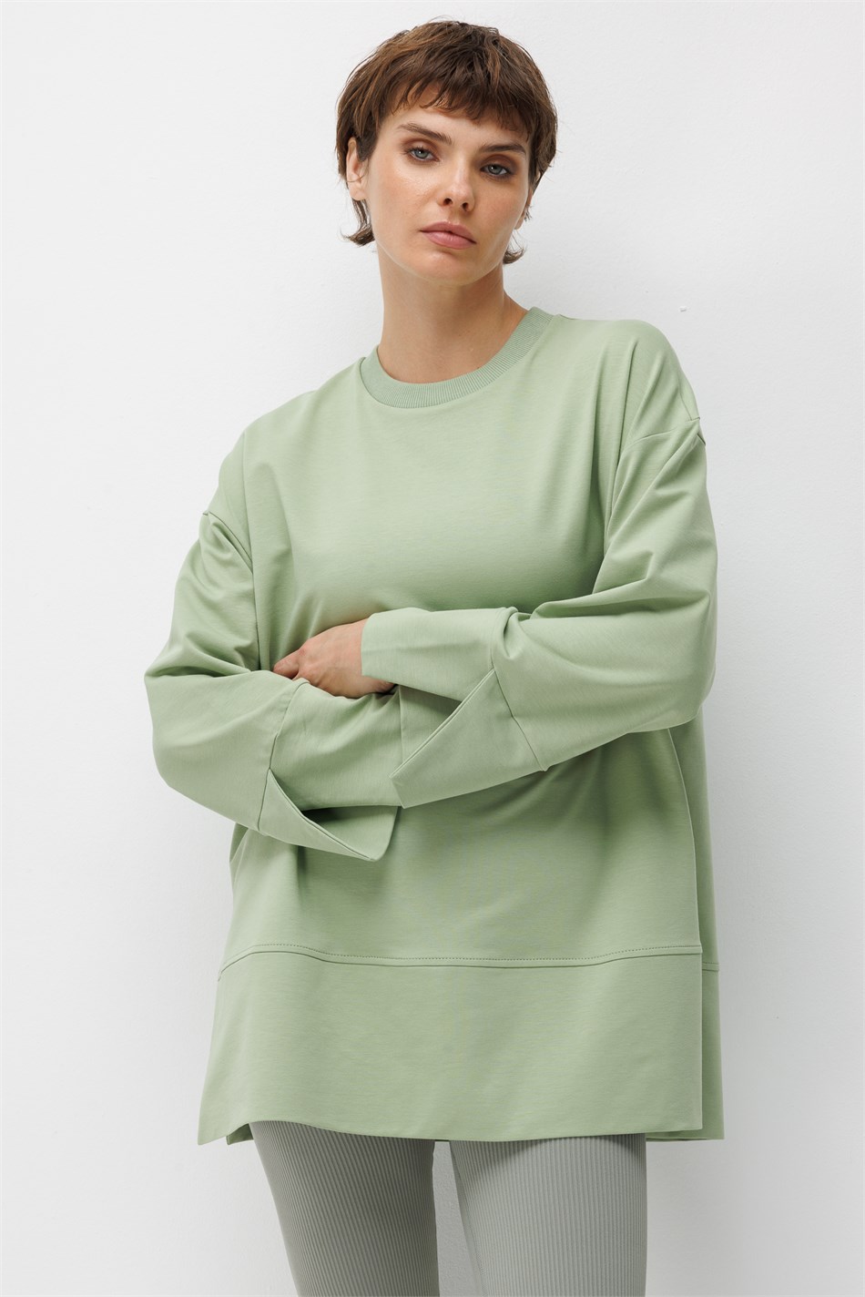 Örme Kol ve Yırtmaç Detaylı Tunik Sweatshirt-Yeşil