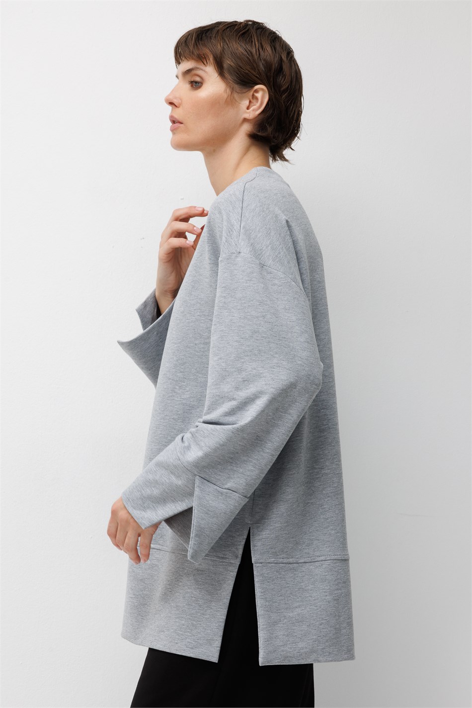 Örme Kol ve Yırtmaç Detaylı Tunik Sweatshirt-MELANJ