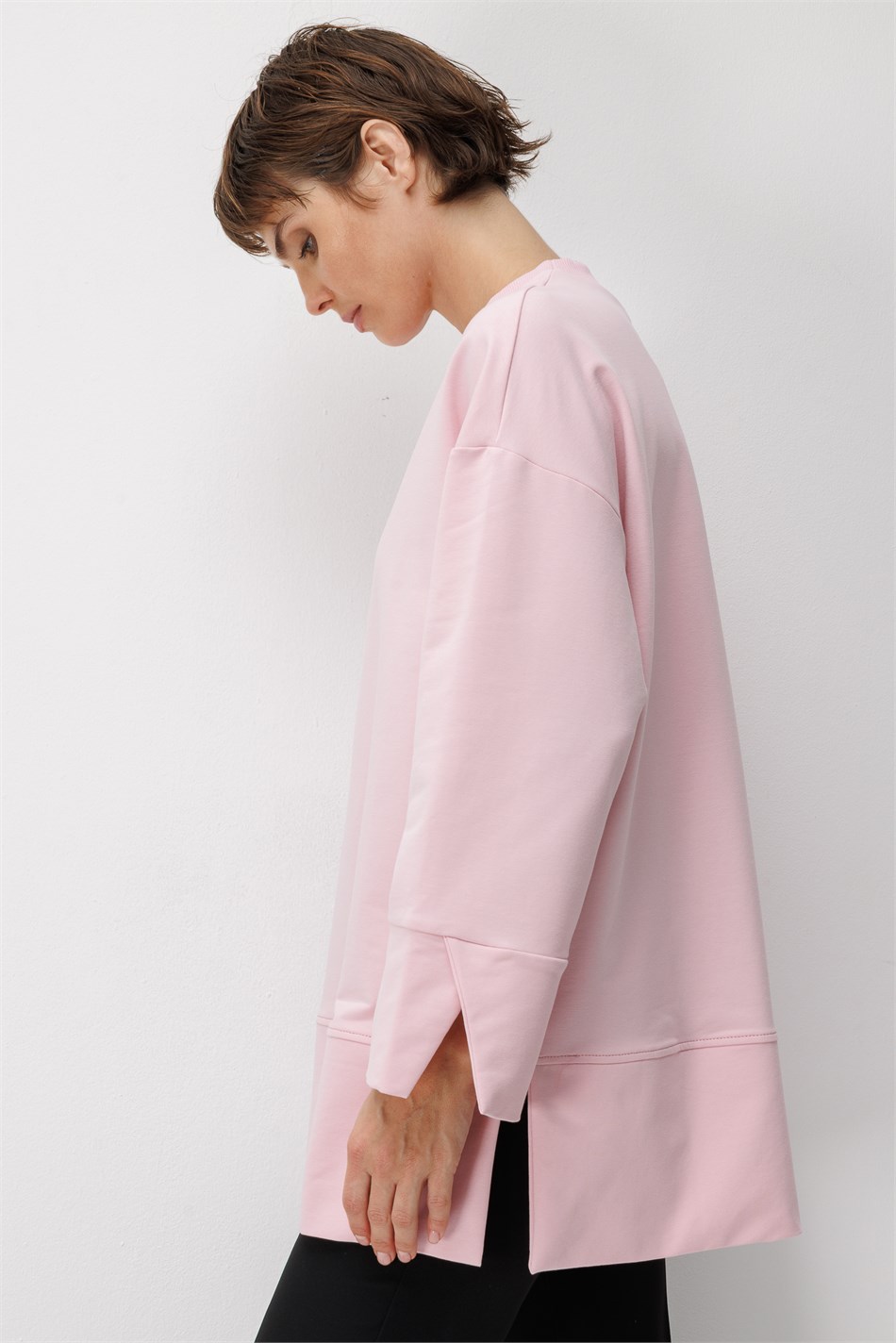 Örme Kol ve Yırtmaç Detaylı Tunik Sweatshirt-Pembe