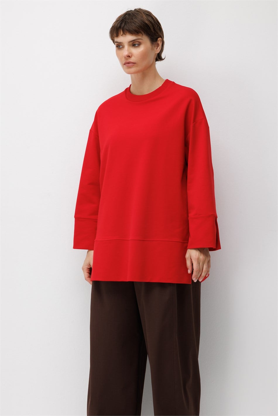 Örme Kol ve Yırtmaç Detaylı Tunik Sweatshirt-Kırmızı