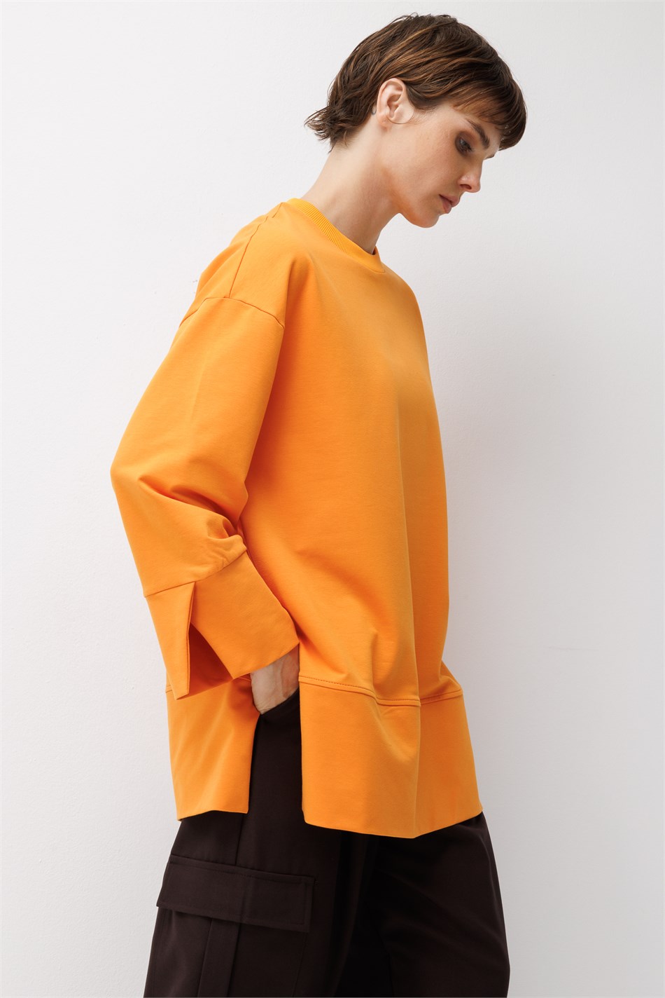 Örme Kol ve Yırtmaç Detaylı Tunik Sweatshirt-Oranj