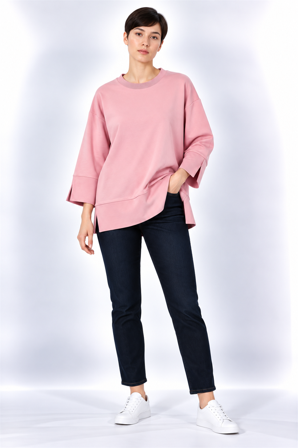 Örme Kol ve Yırtmaç Detaylı Tunik Sweatshirt-Pembe