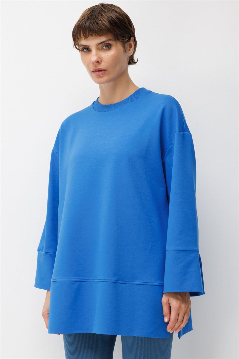 Örme Kol ve Yırtmaç Detaylı Tunik Sweatshirt-Sax