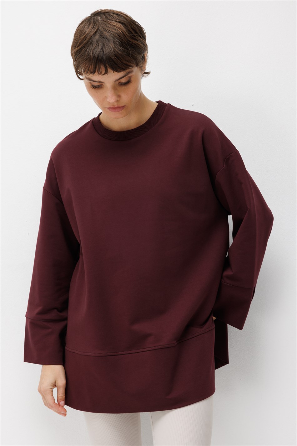 Örme Kol ve Yırtmaç Detaylı Tunik Sweatshirt-Bordo