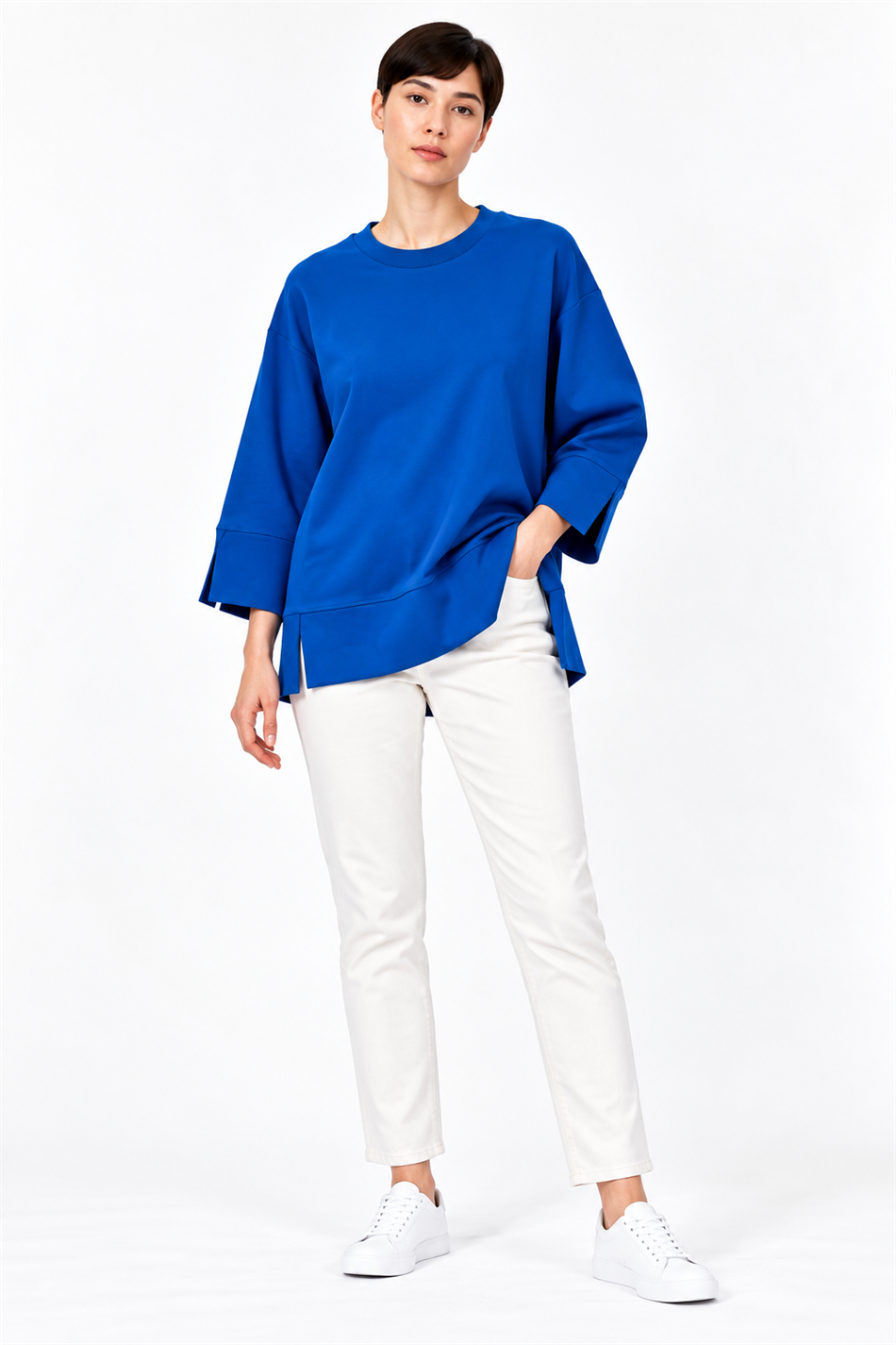 Örme Kol ve Yırtmaç Detaylı Tunik Sweatshirt-Sax