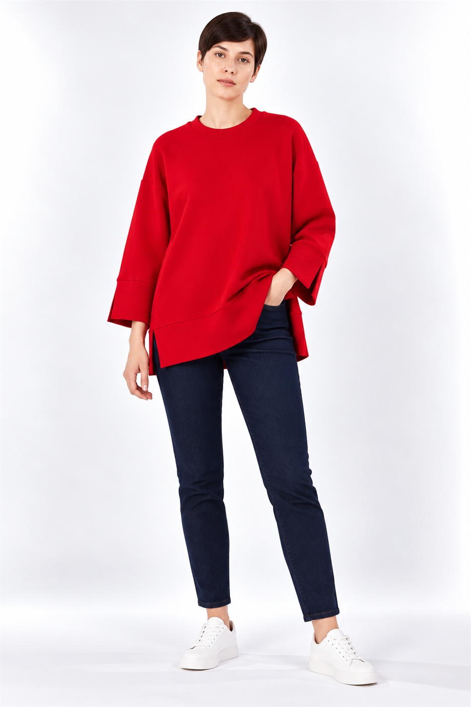 Örme Kol ve Yırtmaç Detaylı Tunik Sweatshirt-Kırmızı