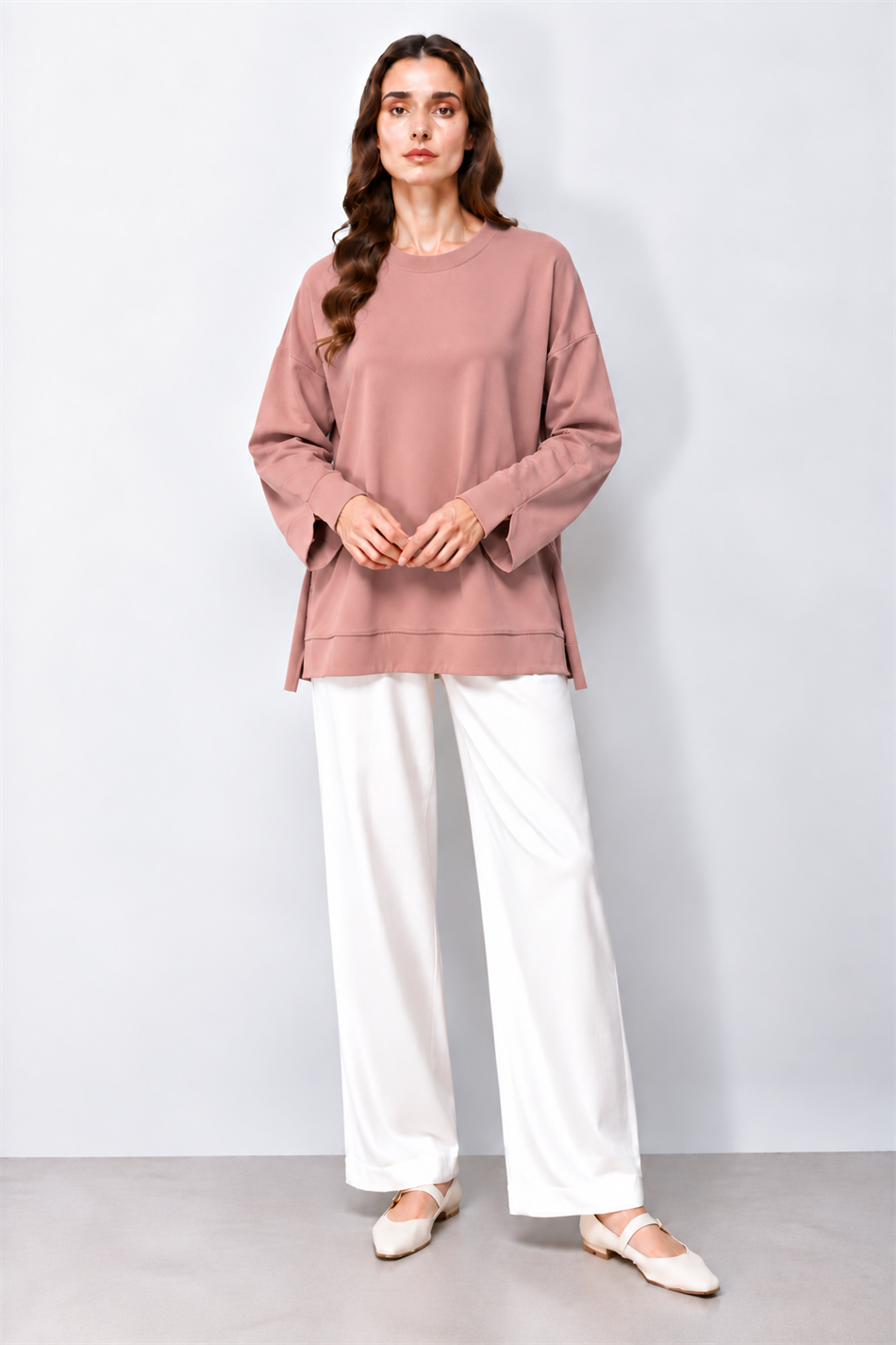 Örme Kol ve Yırtmaç Detaylı Tunik Sweatshirt-Gül