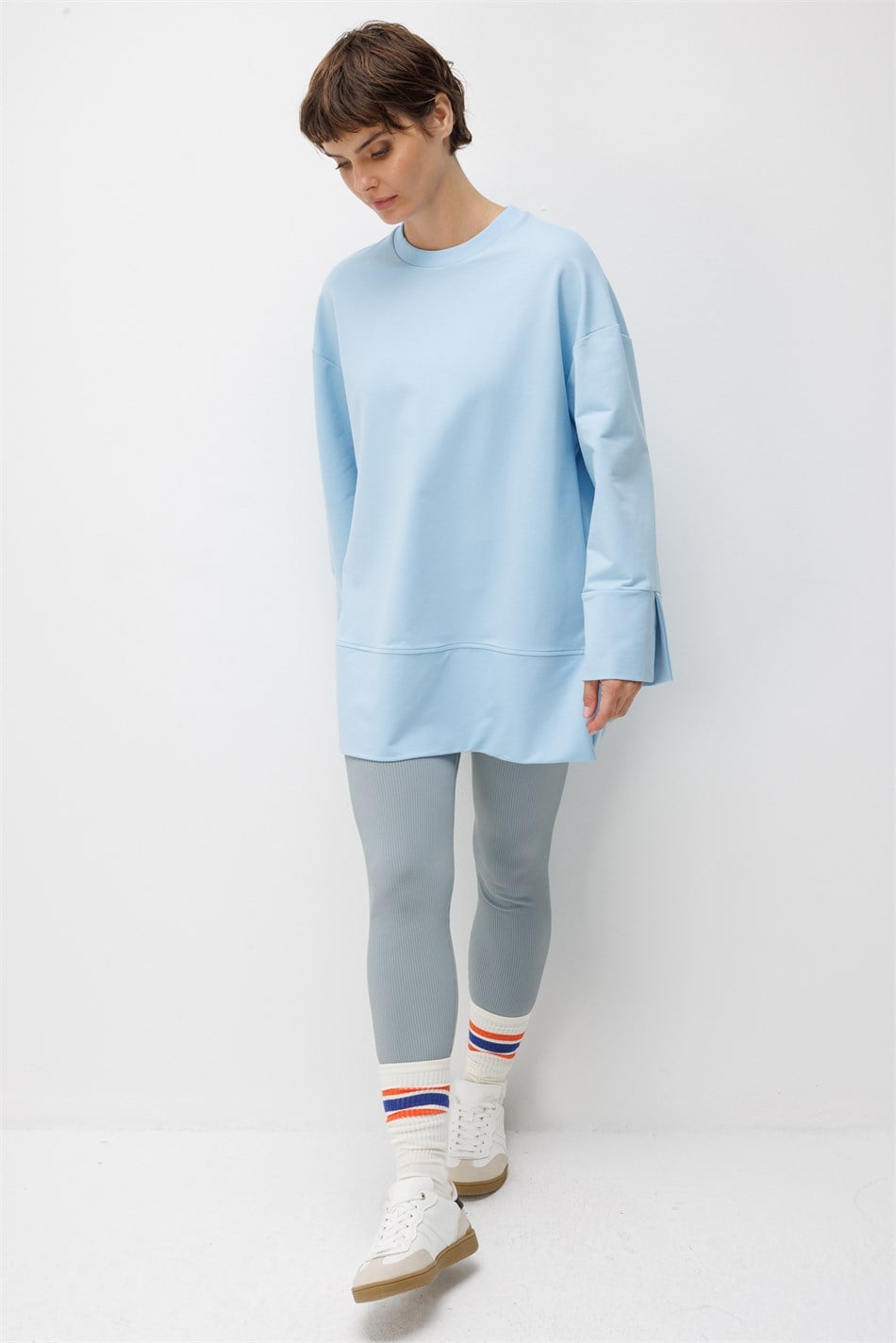 Örme Kol ve Yırtmaç Detaylı Tunik Sweatshirt-Mavi