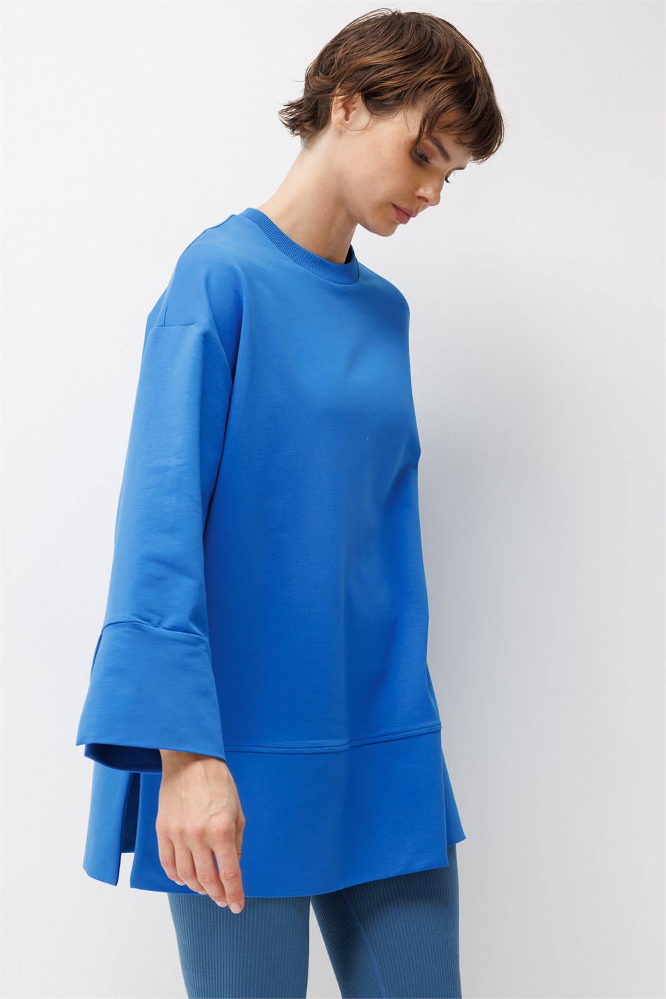Örme Kol ve Yırtmaç Detaylı Tunik Sweatshirt-Sax