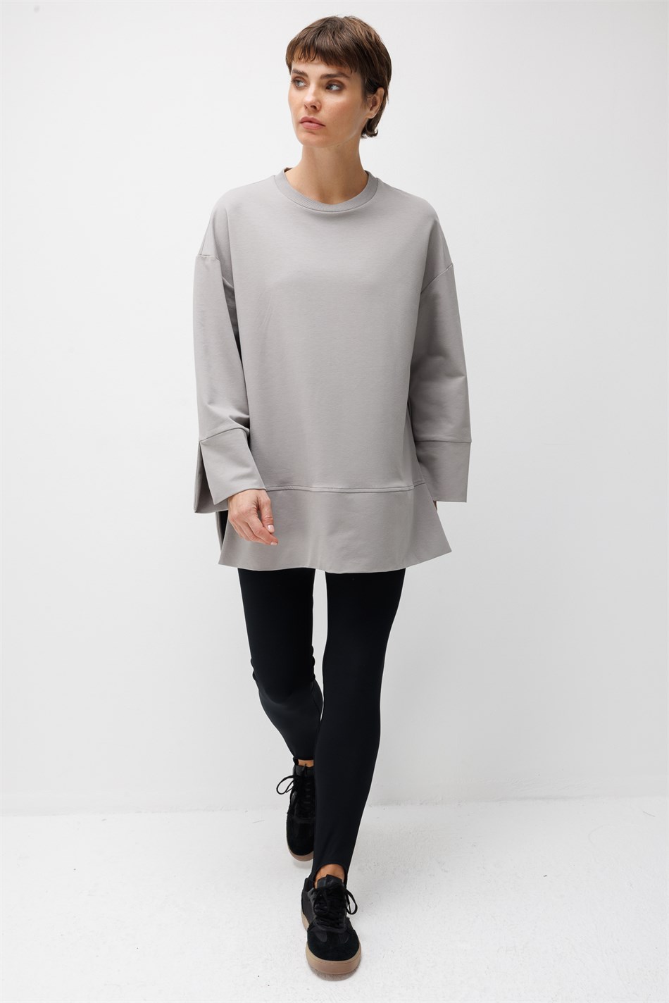 Örme Kol ve Yırtmaç Detaylı Tunik Sweatshirt-Gri