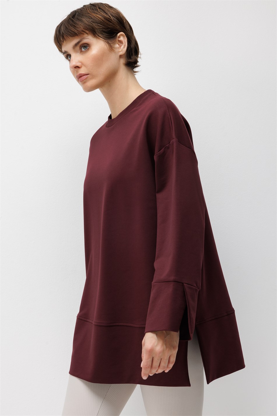 Örme Kol ve Yırtmaç Detaylı Tunik Sweatshirt-Bordo