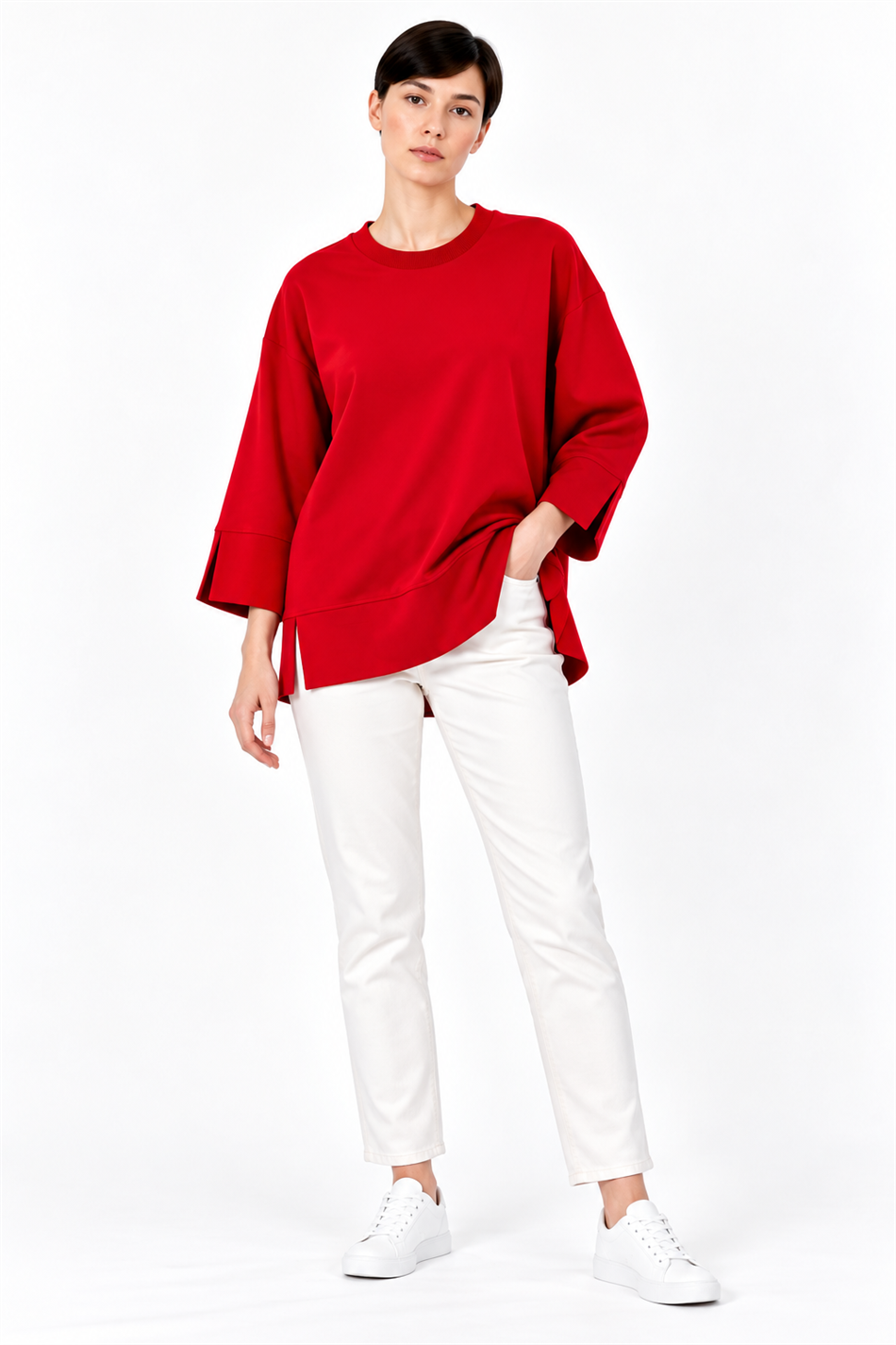 Örme Kol ve Yırtmaç Detaylı Tunik Sweatshirt-Kırmızı