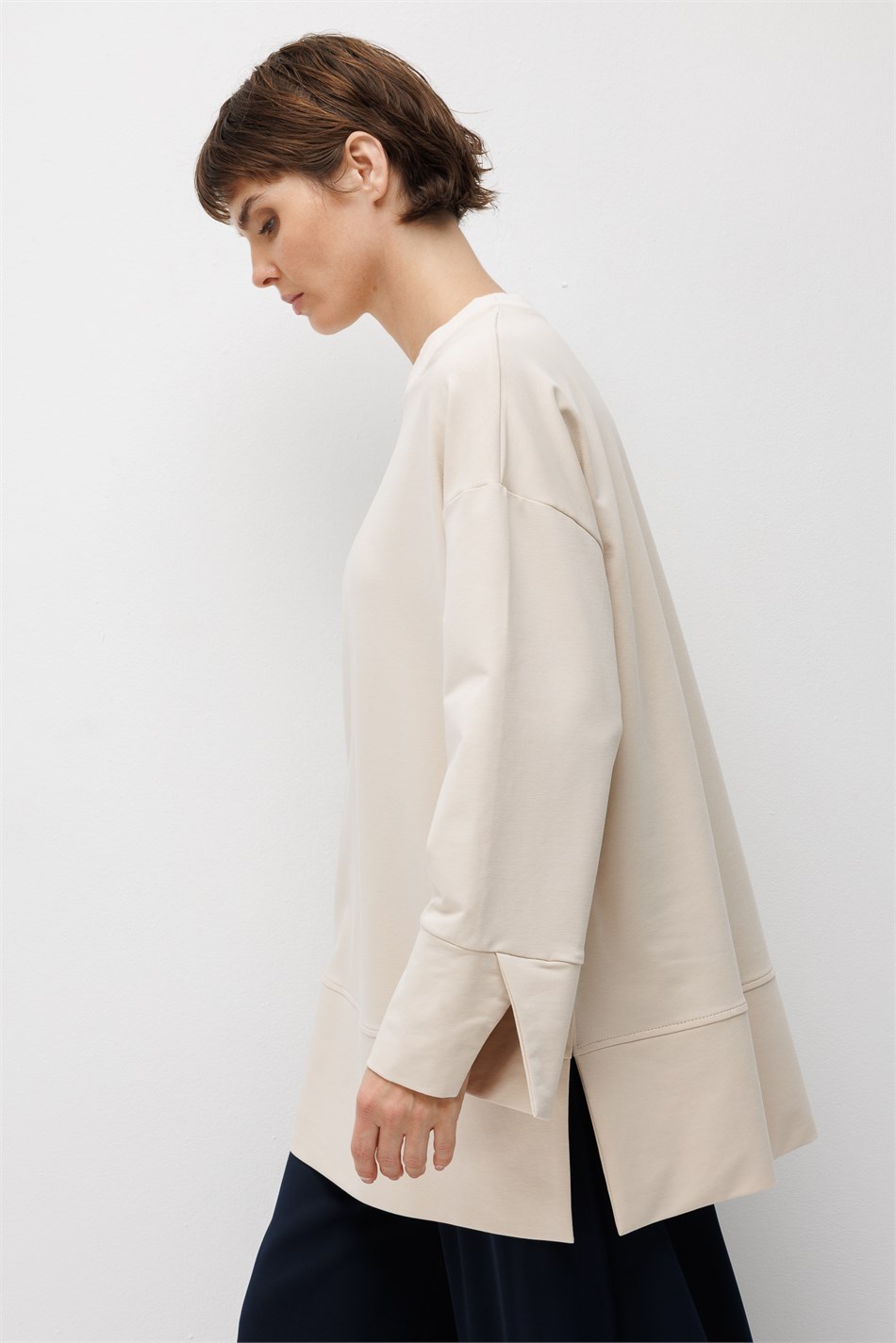 Örme Kol ve Yırtmaç Detaylı Tunik Sweatshirt-Taş