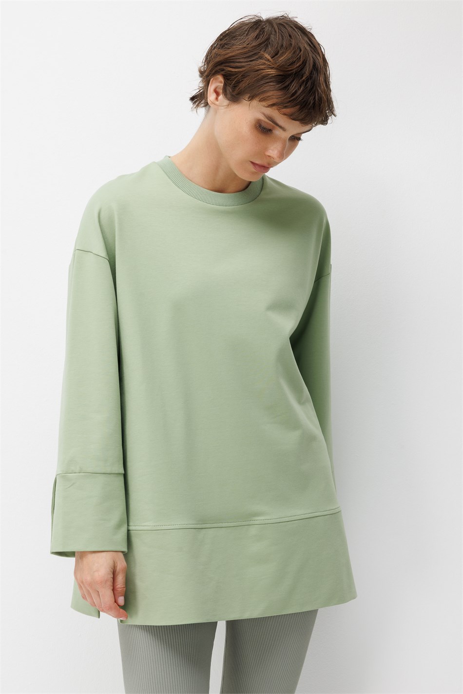 Örme Kol ve Yırtmaç Detaylı Tunik Sweatshirt-Yeşil