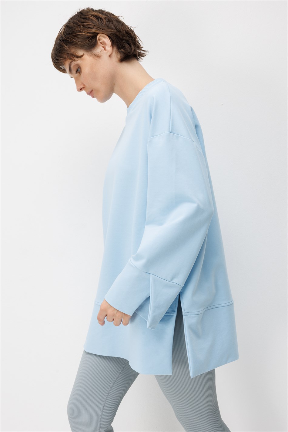 Örme Kol ve Yırtmaç Detaylı Tunik Sweatshirt-Mavi