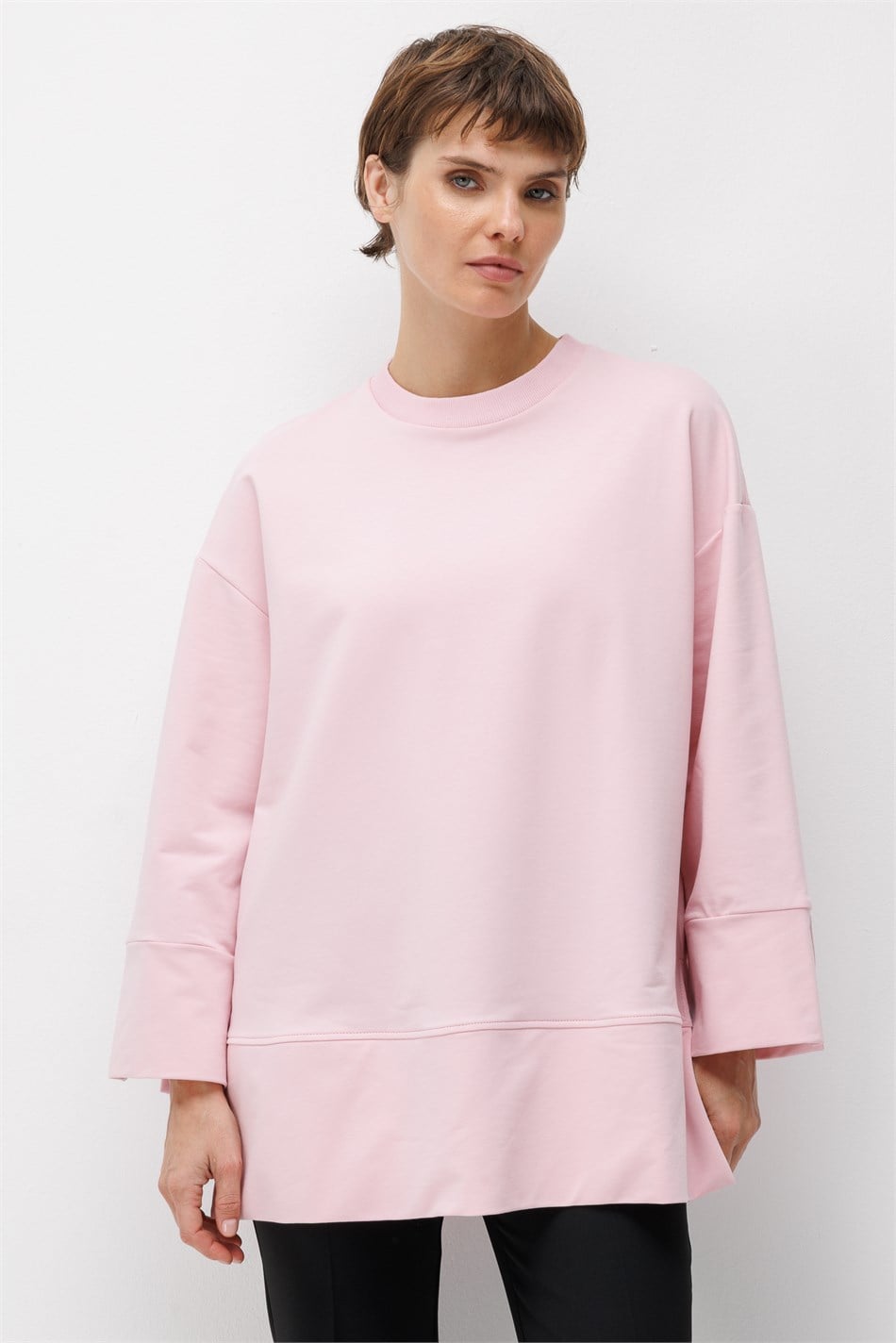 Örme Kol ve Yırtmaç Detaylı Tunik Sweatshirt-Pembe