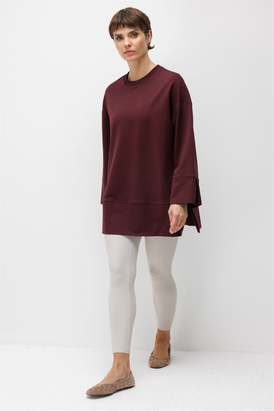 Örme Kol ve Yırtmaç Detaylı Tunik Sweatshirt-Bordo
