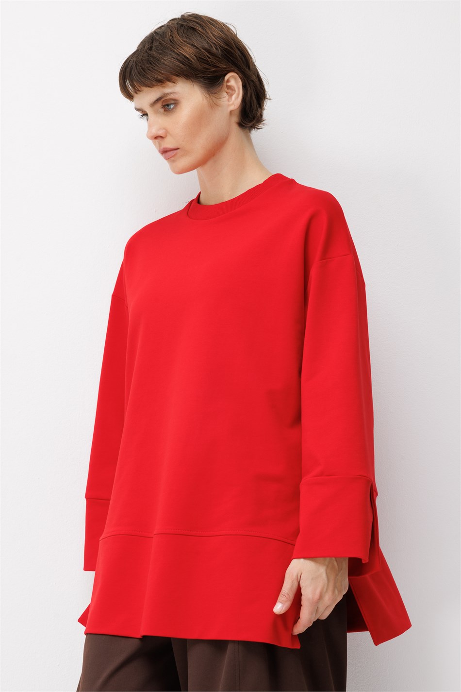Örme Kol ve Yırtmaç Detaylı Tunik Sweatshirt-Kırmızı